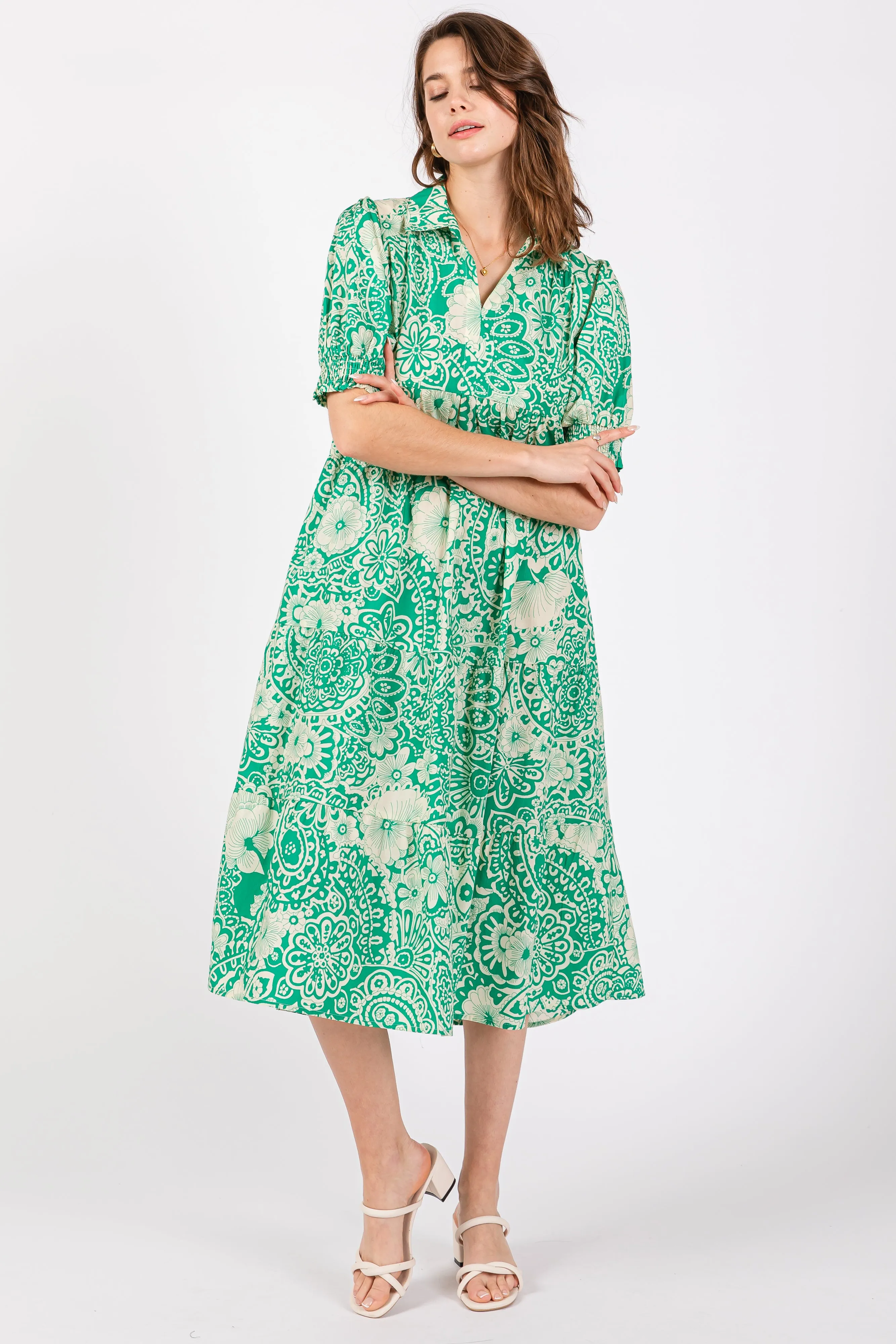 Emerald Green Floral Collared Tiered Midi Dress sold by Pinkblush product image thumbnail 4