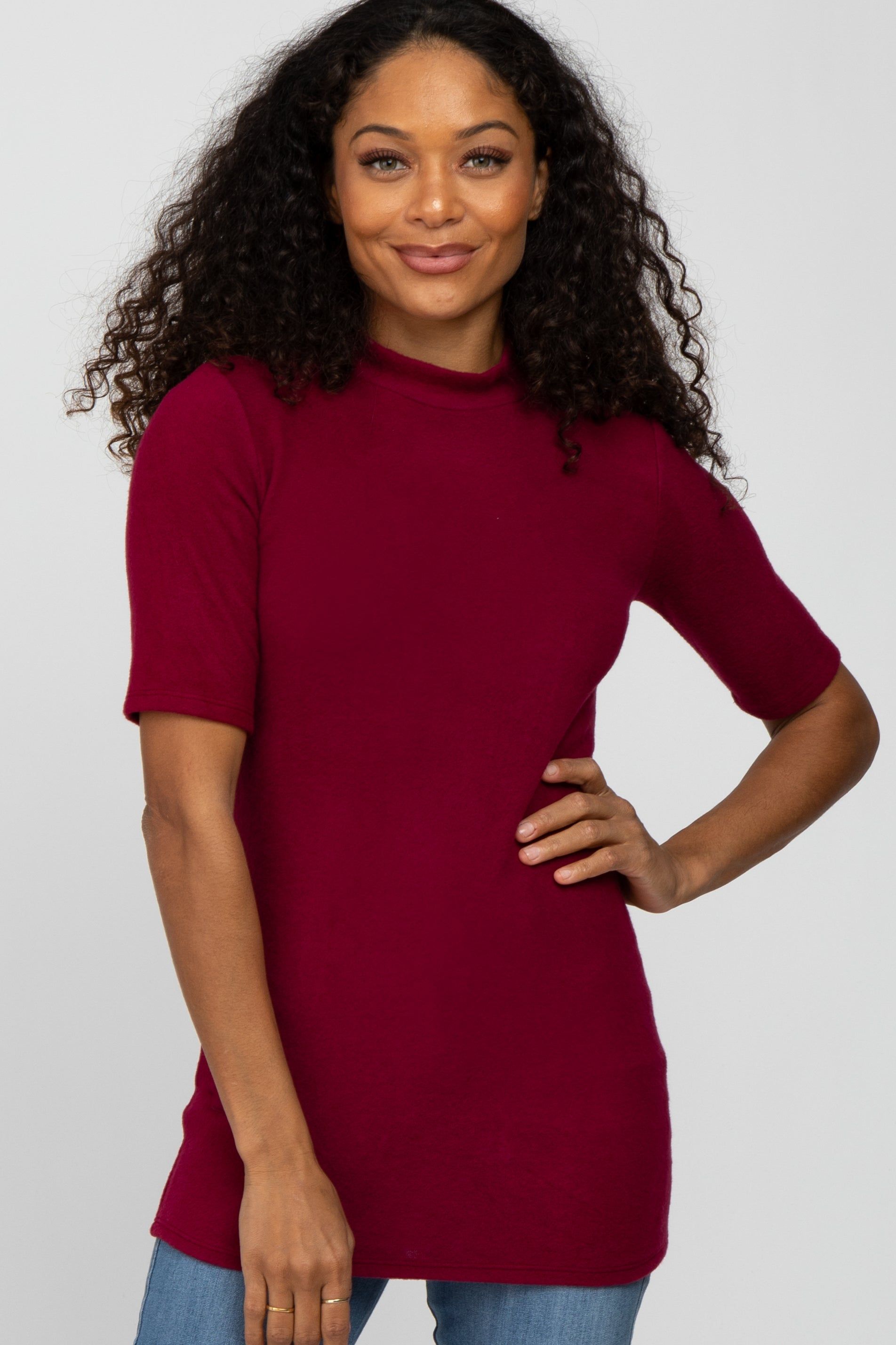 Burgundy Soft Brushed Knit Mock Neck Top sold by Pinkblush