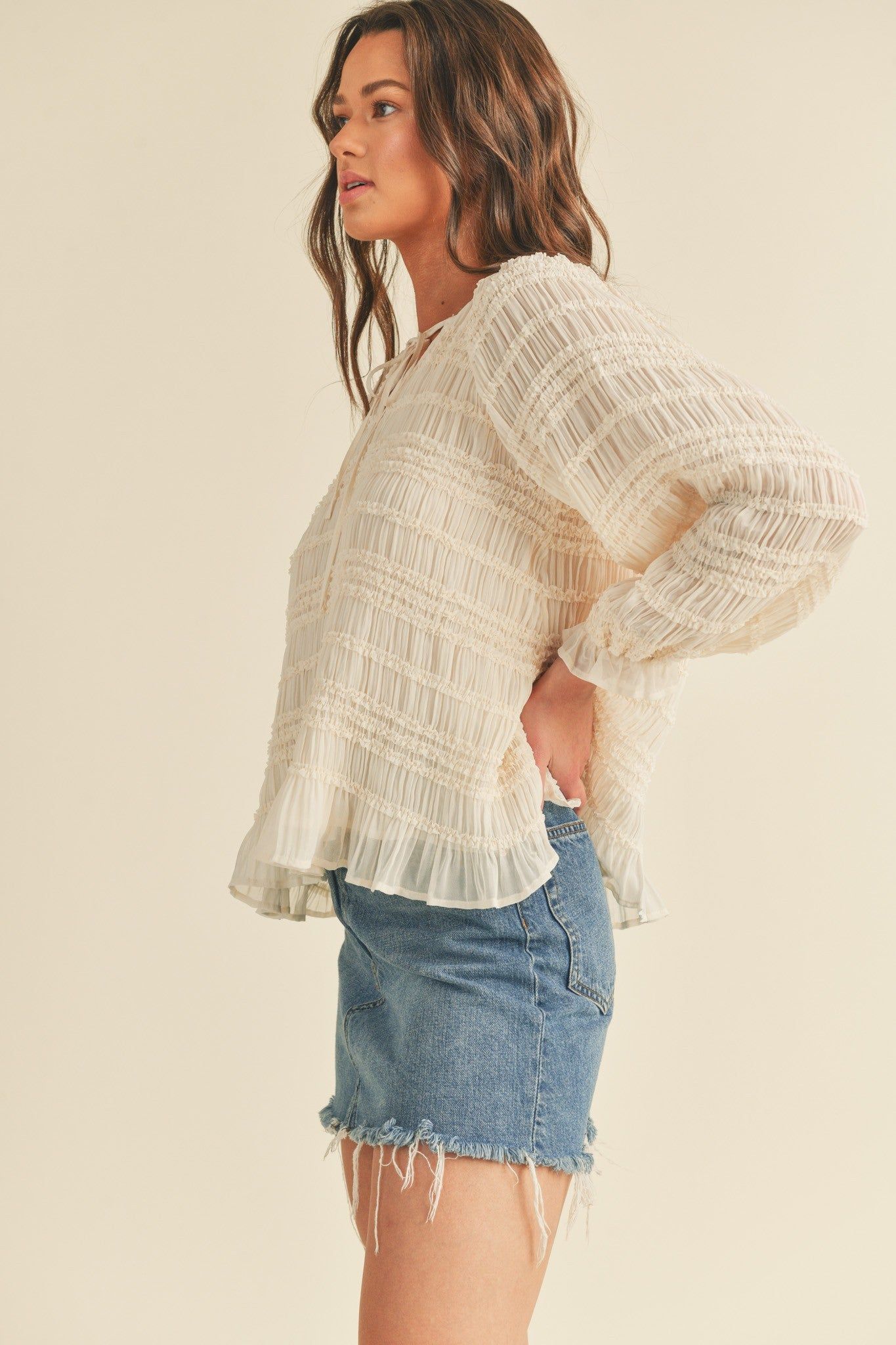 Beige Pleated Texture Tie-Front Blouse sold by Pinkblush product image thumbnail 2