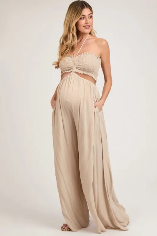 Cream Smocked Drawstring Halter Side Cutout Maternity Jumpsuit sold by Pinkblush