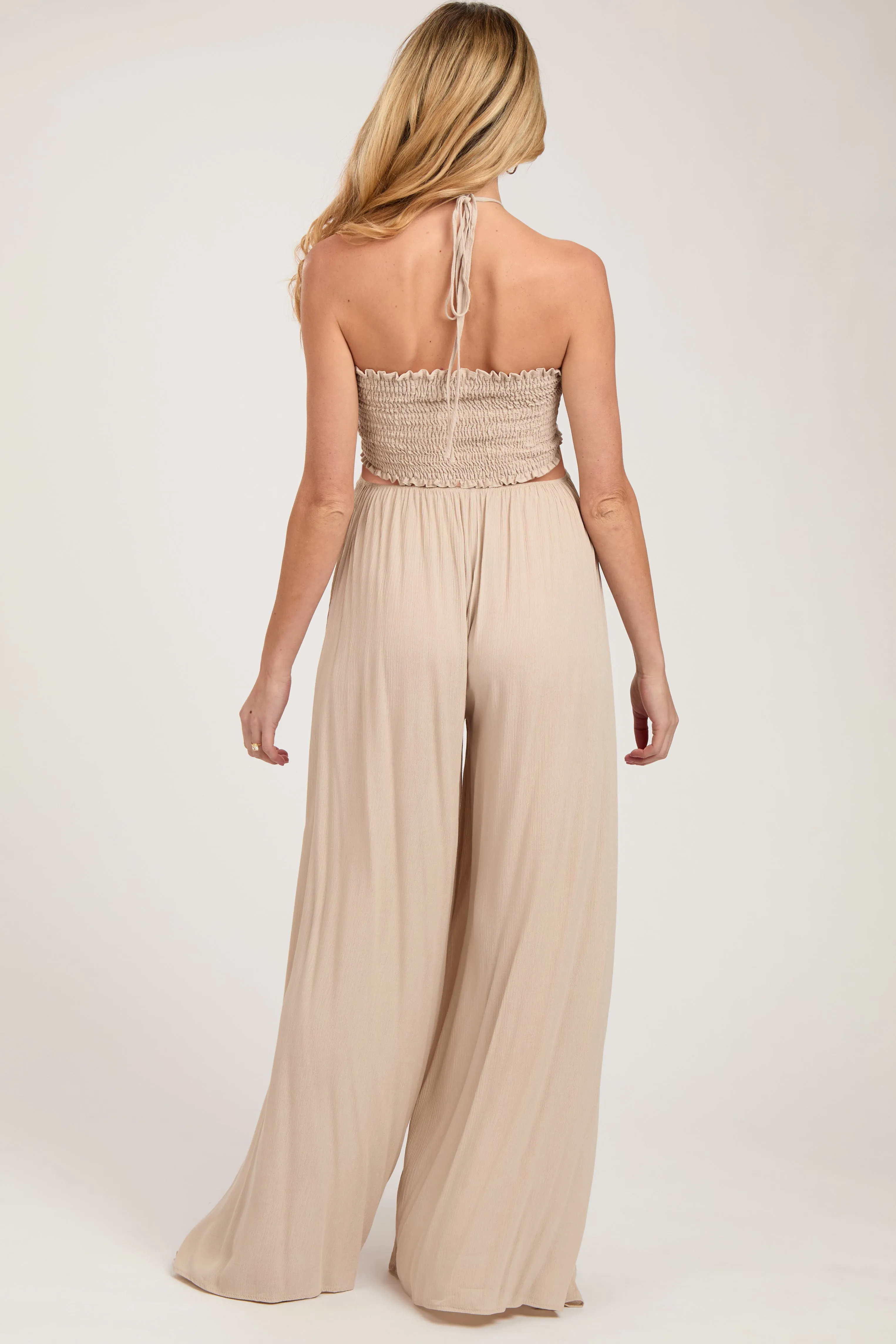 Cream Smocked Drawstring Halter Side Cutout Maternity Jumpsuit sold by Pinkblush product image thumbnail 2