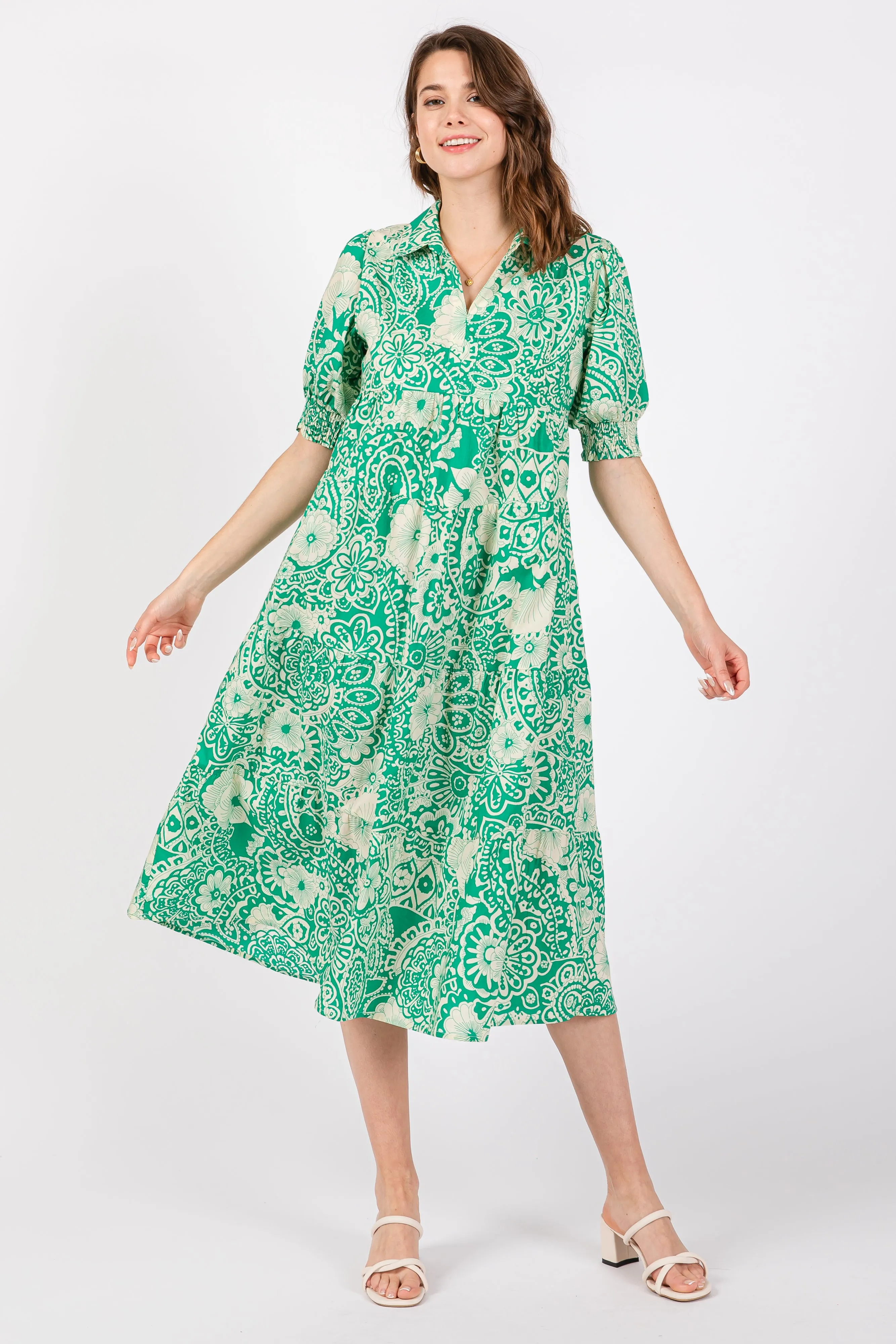 Emerald Green Floral Collared Tiered Midi Dress sold by Pinkblush