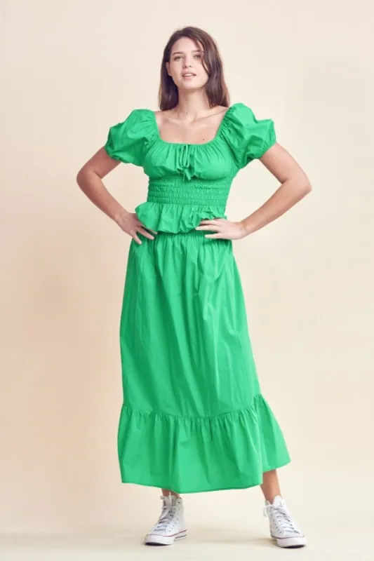 Kelly Green Square Neck Puff Sleeve Top And Midi Skirt Set sold by Pinkblush