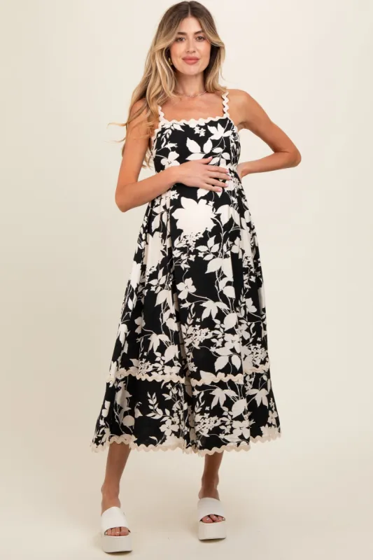 Black Floral Wave Trim A-Line Maternity Midi Dress sold by Pinkblush