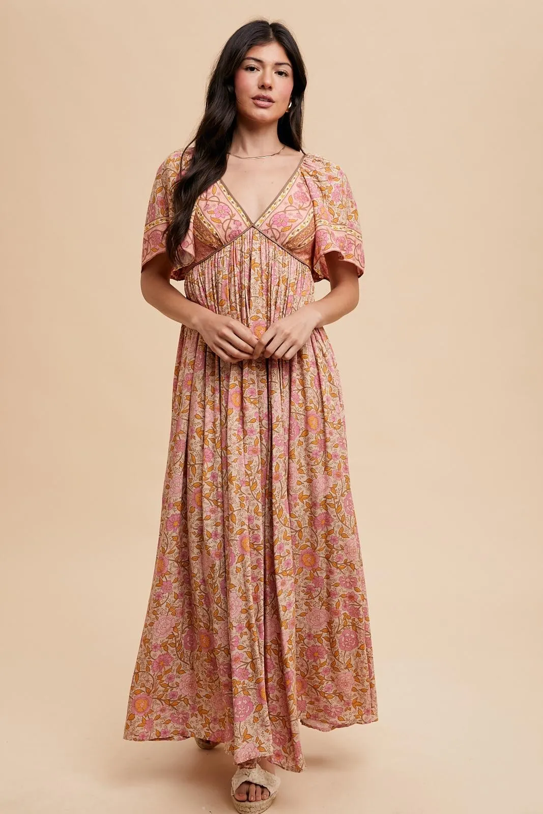 Pink Floral V-Neck Short Flutter Sleeve Maxi Dress sold by Pinkblush product image thumbnail 2