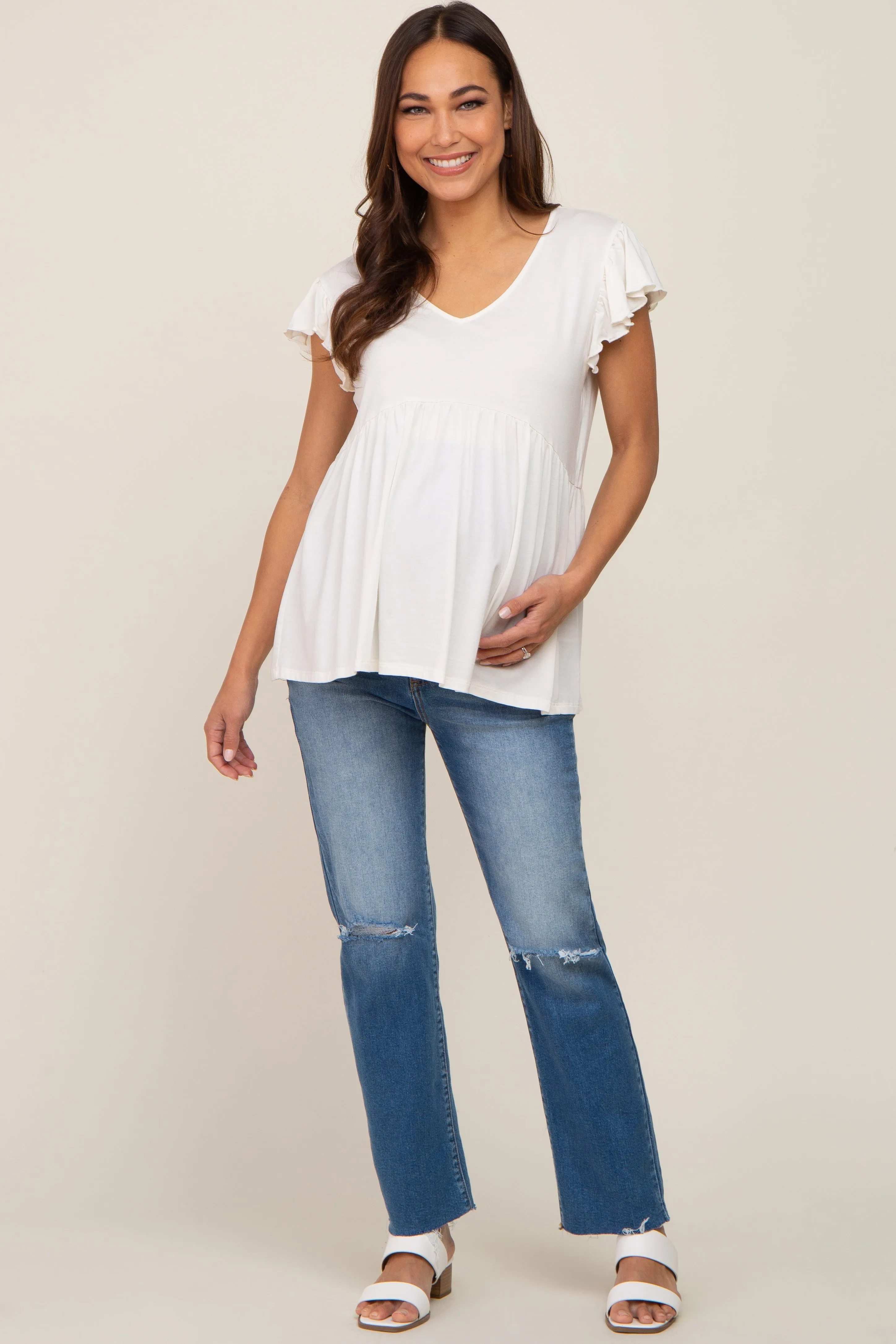 White Flutter Sleeve V-Neck Maternity Top sold by Pinkblush product image thumbnail 4