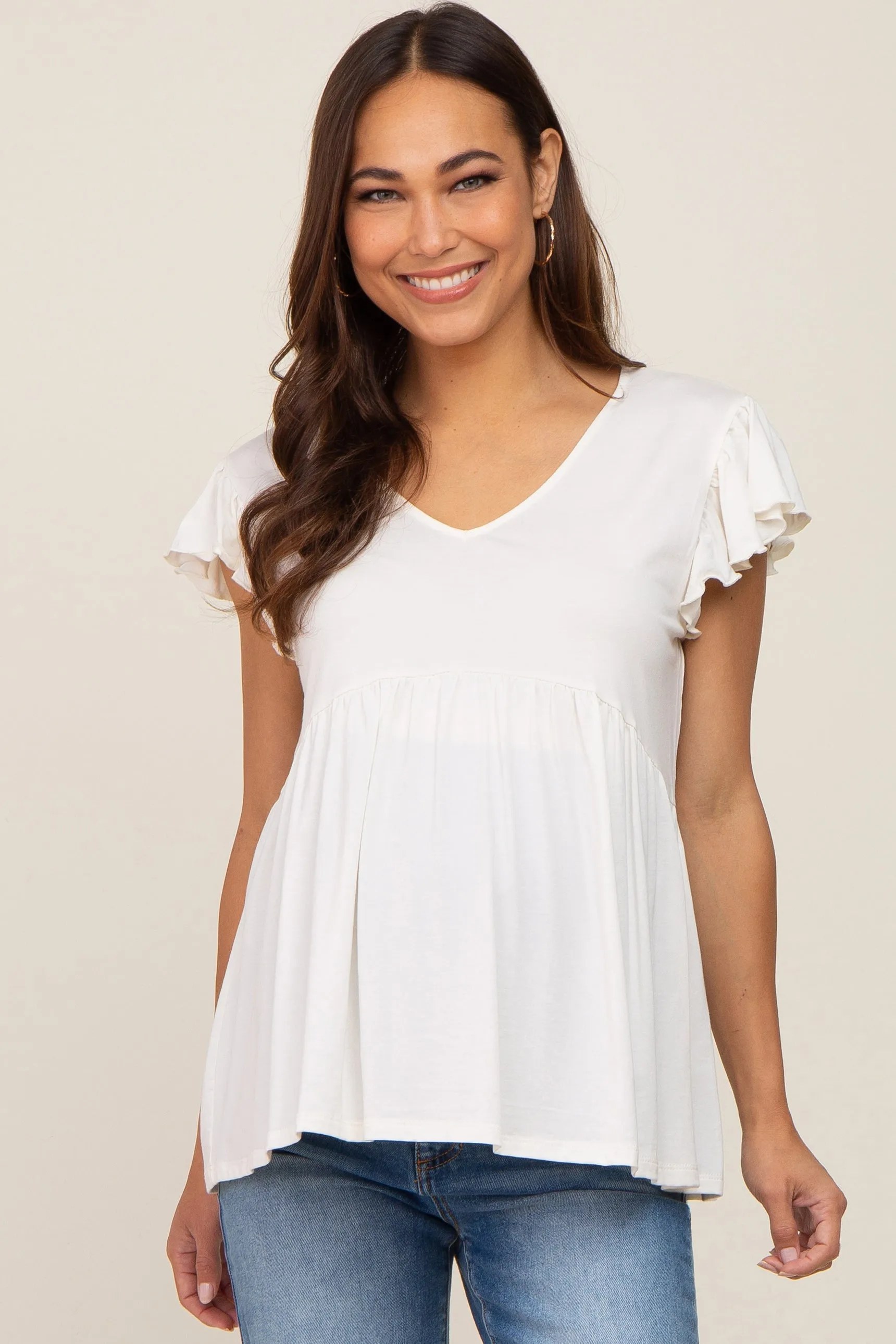 White Flutter Sleeve V-Neck Maternity Top sold by Pinkblush