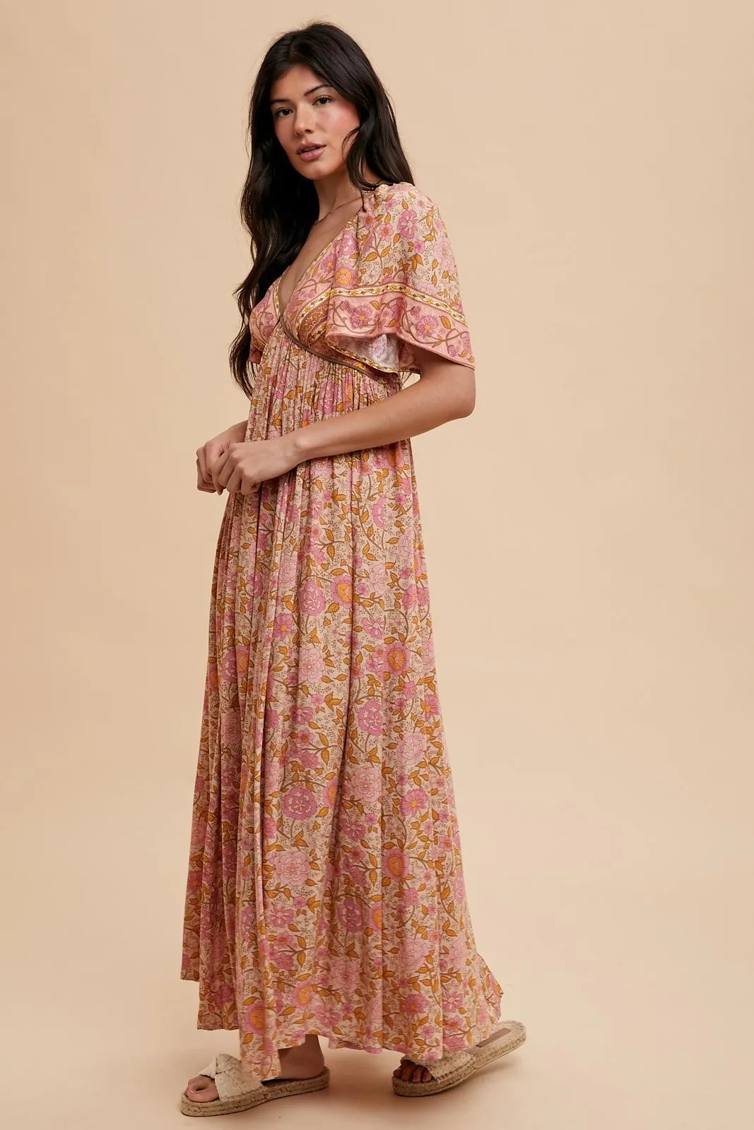 Pink Floral V-Neck Short Flutter Sleeve Maxi Dress sold by Pinkblush product image thumbnail 3
