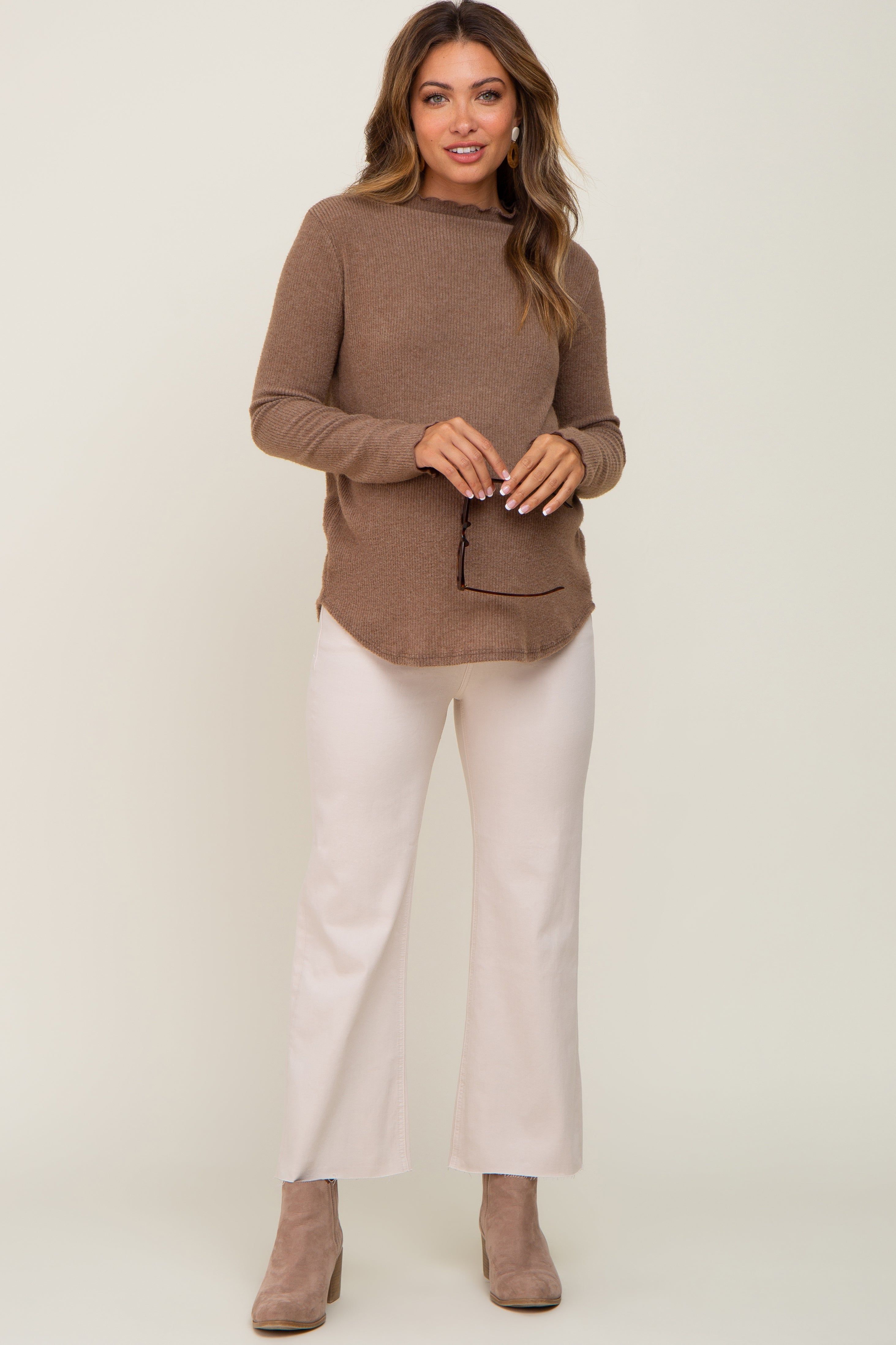 Beige Raw Hem Cropped Flare Maternity Jeans sold by Pinkblush product image thumbnail 5