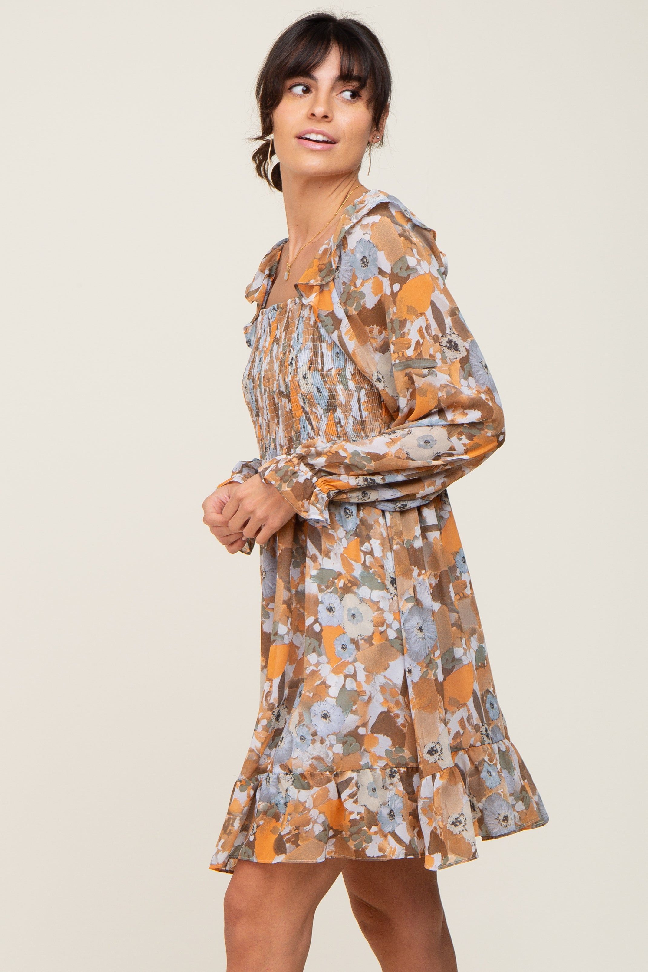 Taupe Floral Chiffon Ruffle Dress sold by Pinkblush product image thumbnail 3