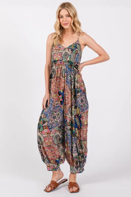 Navy Blue Smocked Button Front V-Neck Sleeveless Jumpsuit sold by Pinkblush