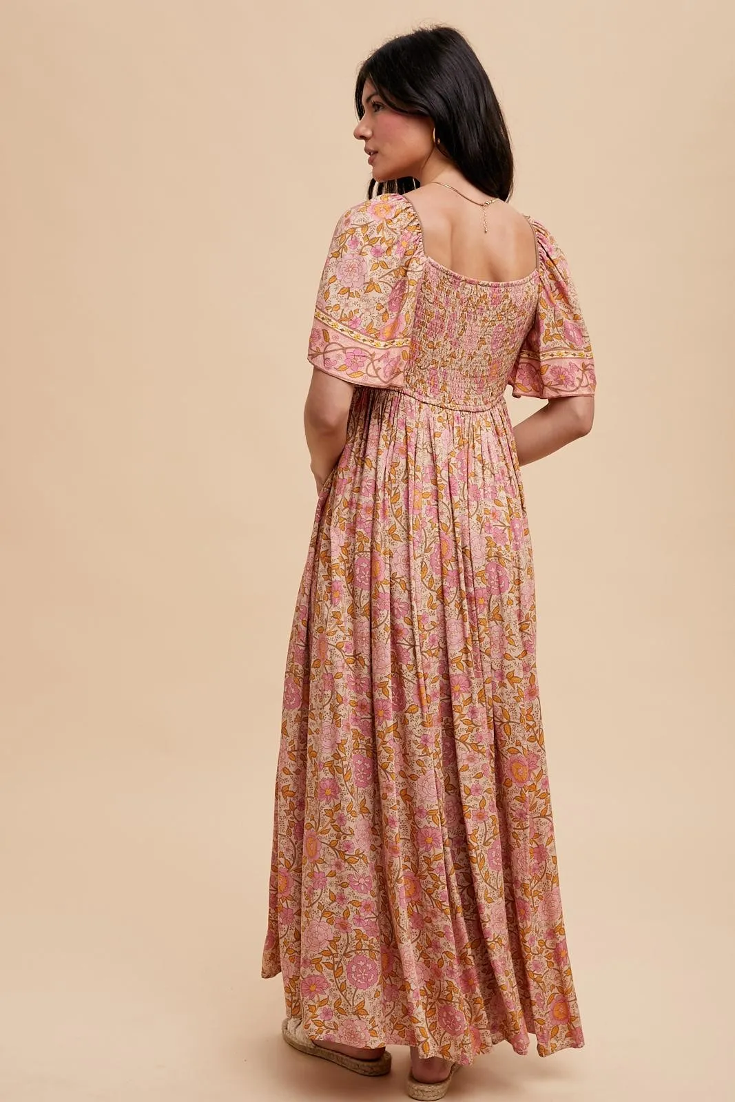 Pink Floral V-Neck Short Flutter Sleeve Maxi Dress sold by Pinkblush product image thumbnail 4
