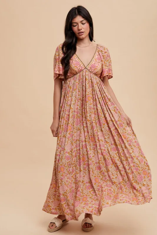 Pink Floral V-Neck Short Flutter Sleeve Maxi Dress sold by Pinkblush