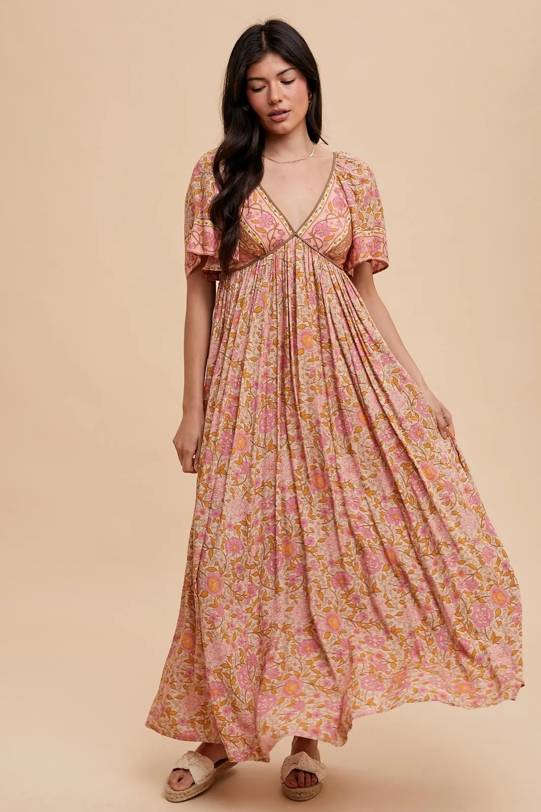 Pink Floral V-Neck Short Flutter Sleeve Maxi Dress sold by Pinkblush