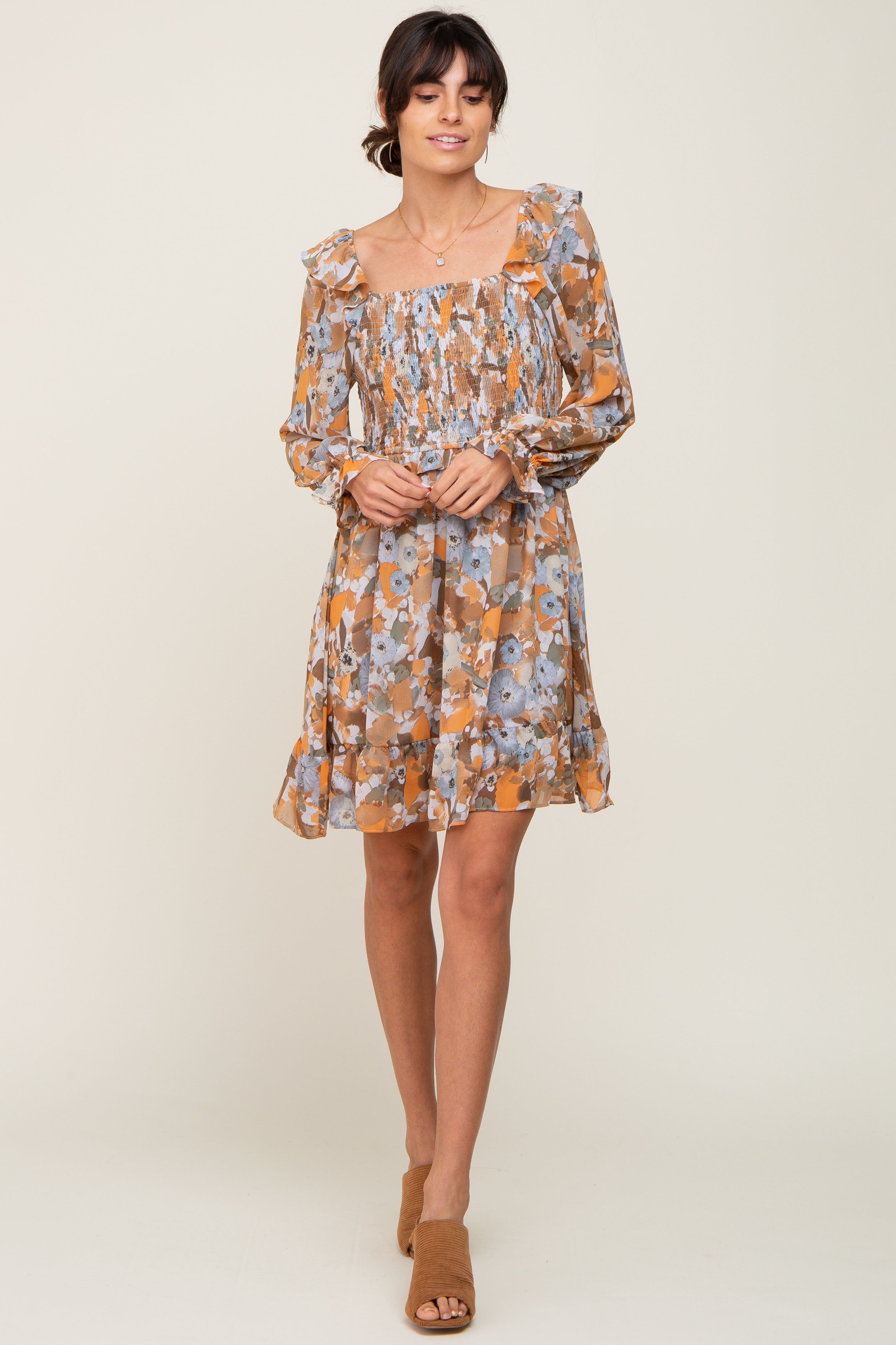 Taupe Floral Chiffon Ruffle Dress sold by Pinkblush