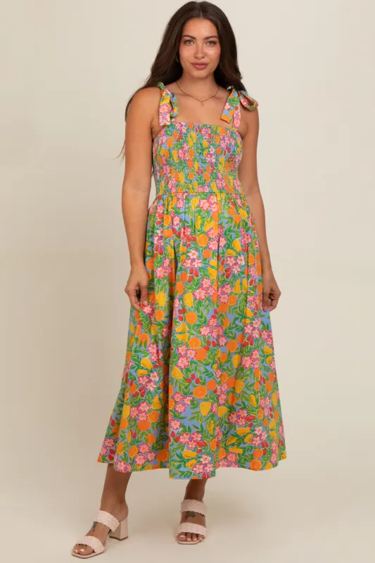 Periwinkle Floral Smocked Shoulder Tie Maternity Maxi Dress sold by Pinkblush