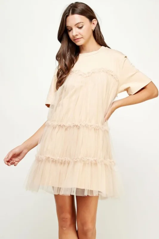 Oatmeal Tulle Overlay Tiered Mini Dress sold by Pinkblush