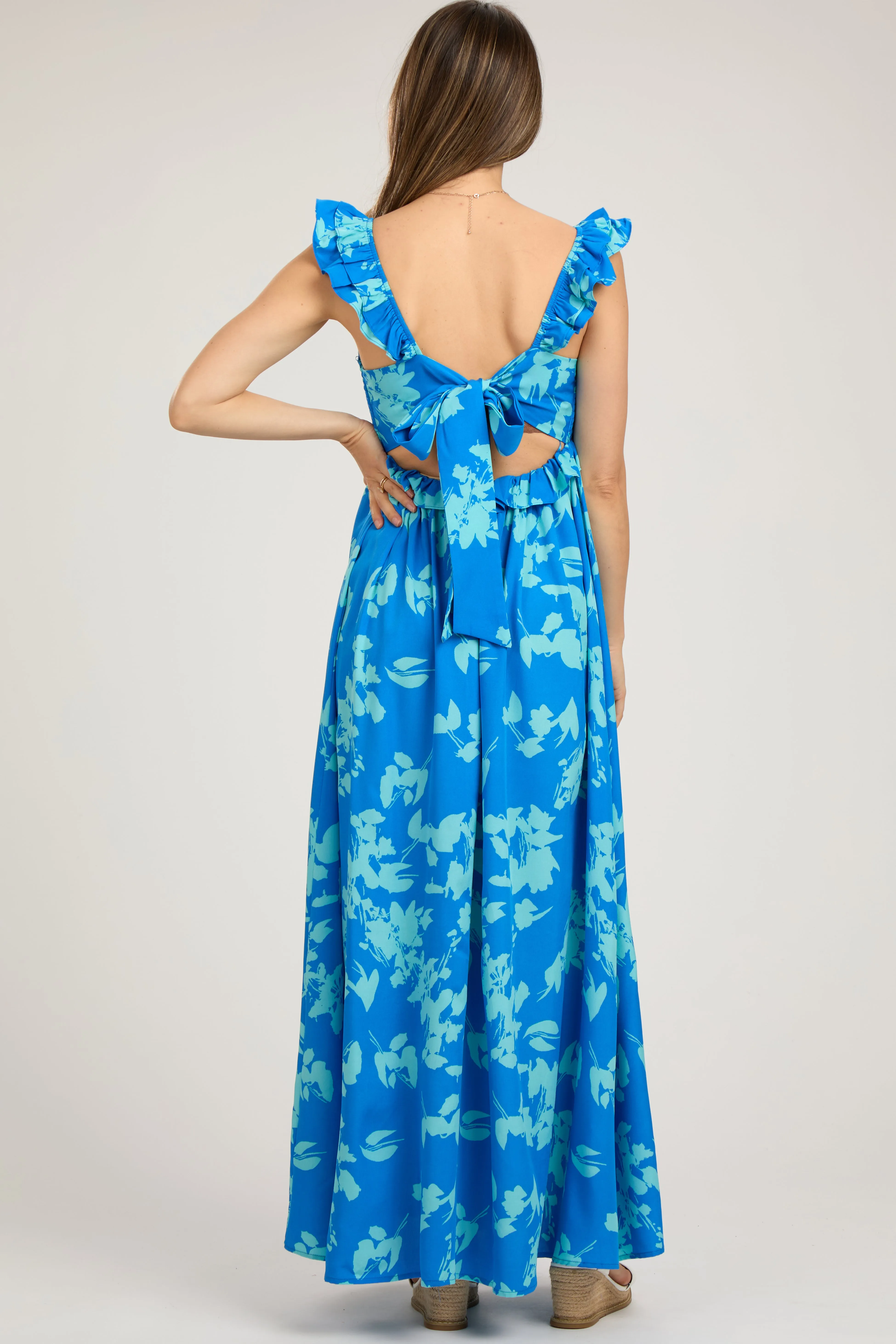 Blue Floral Ruffle V-Neck Back Cutout Maternity Maxi Dress sold by Pinkblush product image thumbnail 3