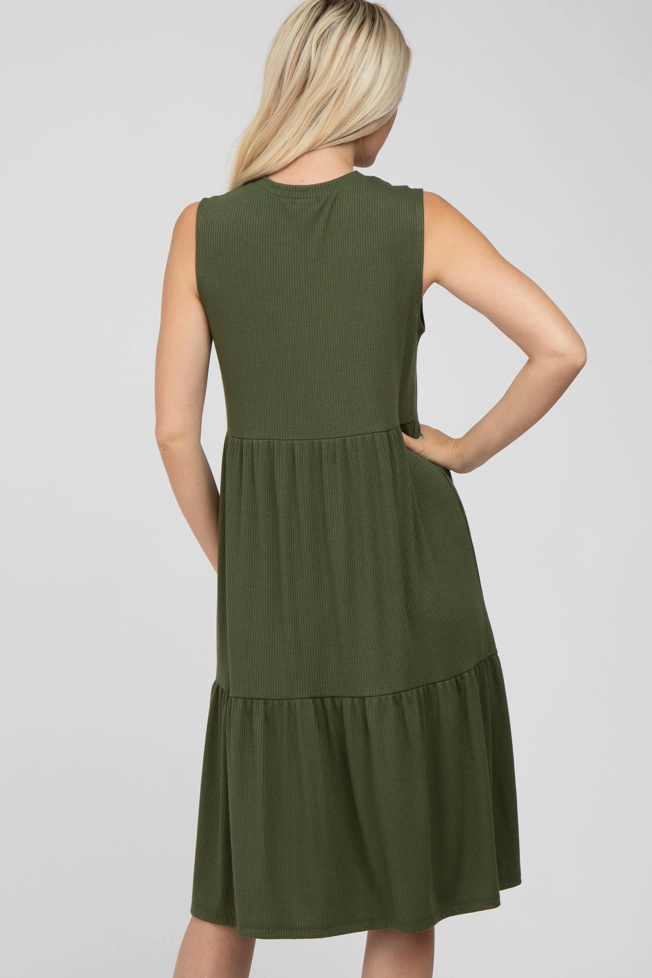Olive Ribbed Tiered Midi Dress sold by Pinkblush product image thumbnail 4