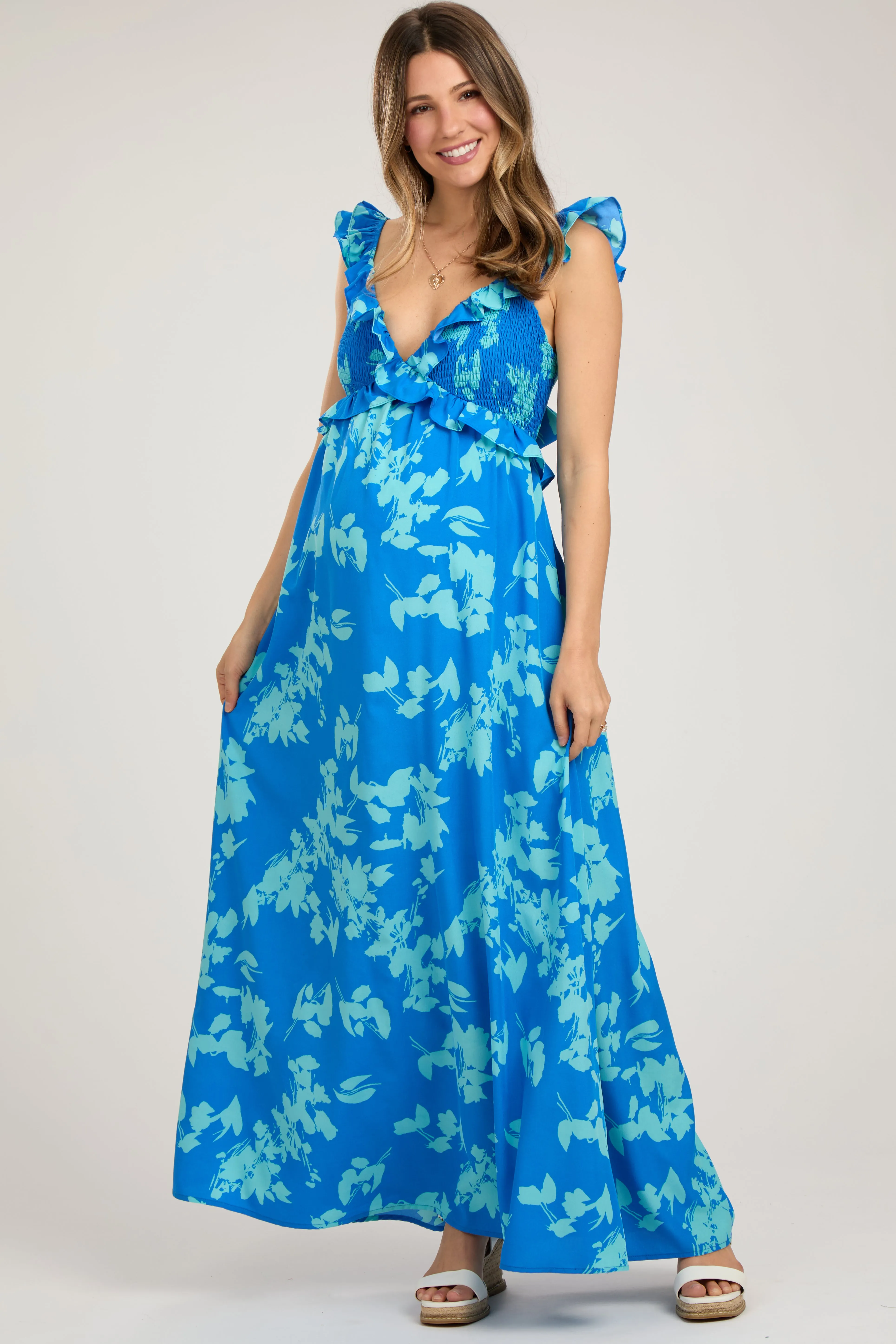 Blue Floral Ruffle V-Neck Back Cutout Maternity Maxi Dress sold by Pinkblush