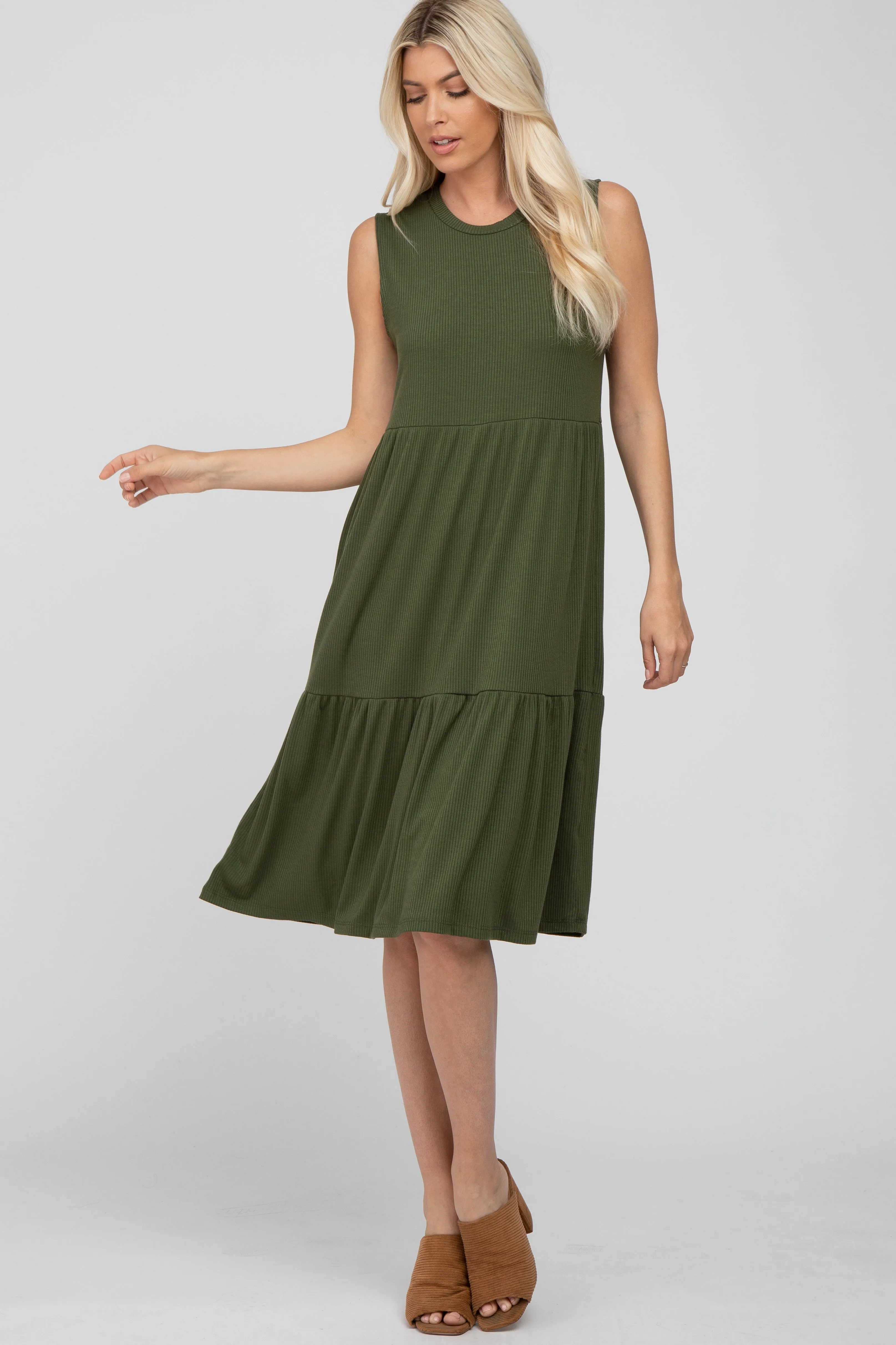 Olive Ribbed Tiered Midi Dress sold by Pinkblush