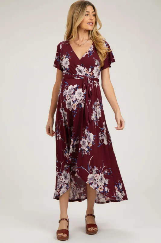 Burgundy Floral Print Wrap Front V-Neck Hi-Low Maternity Midi Dress sold by Pinkblush