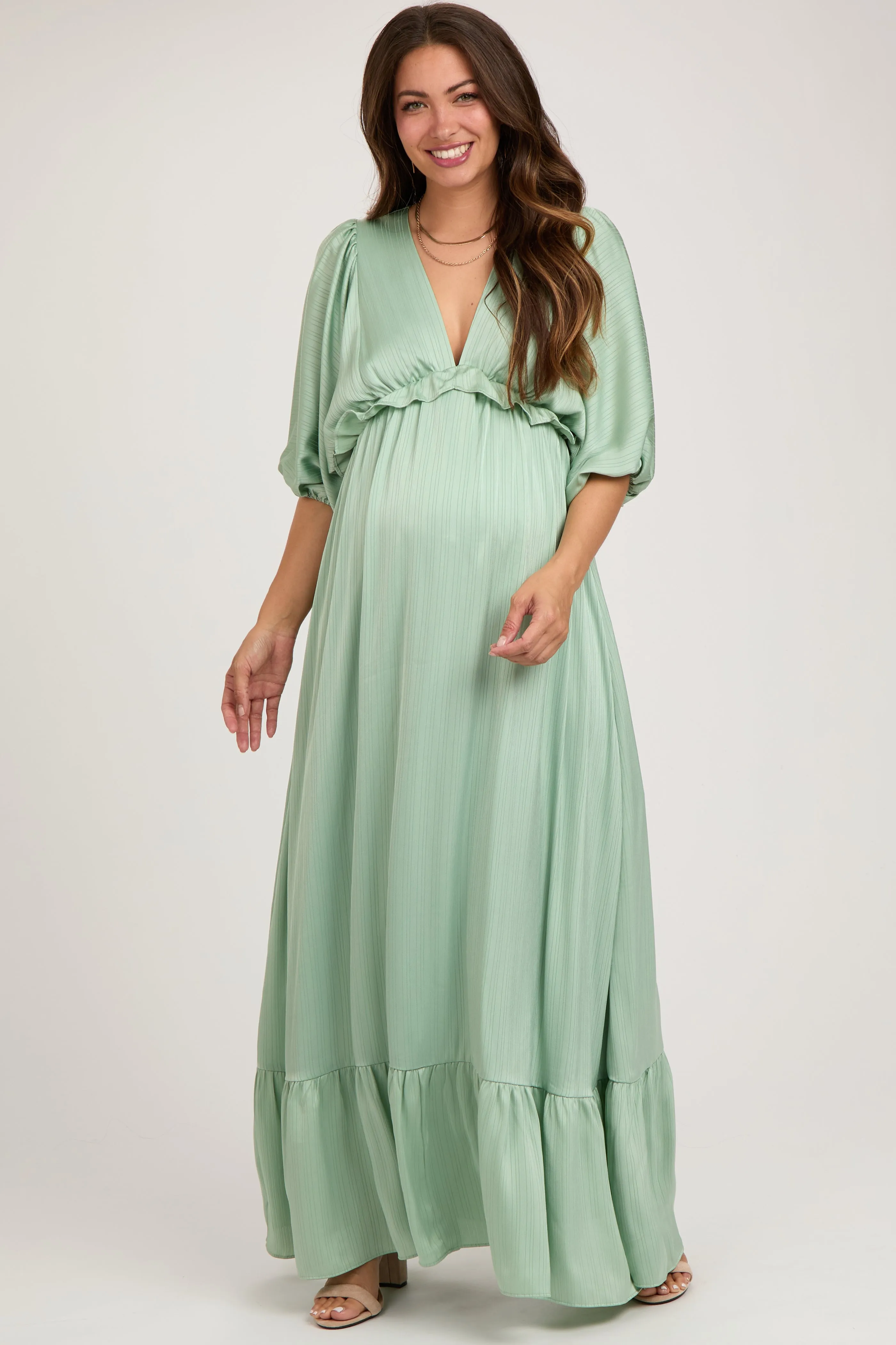 Mint Striped Ruffle Accent Maternity Maxi Dress sold by Pinkblush product image thumbnail 2