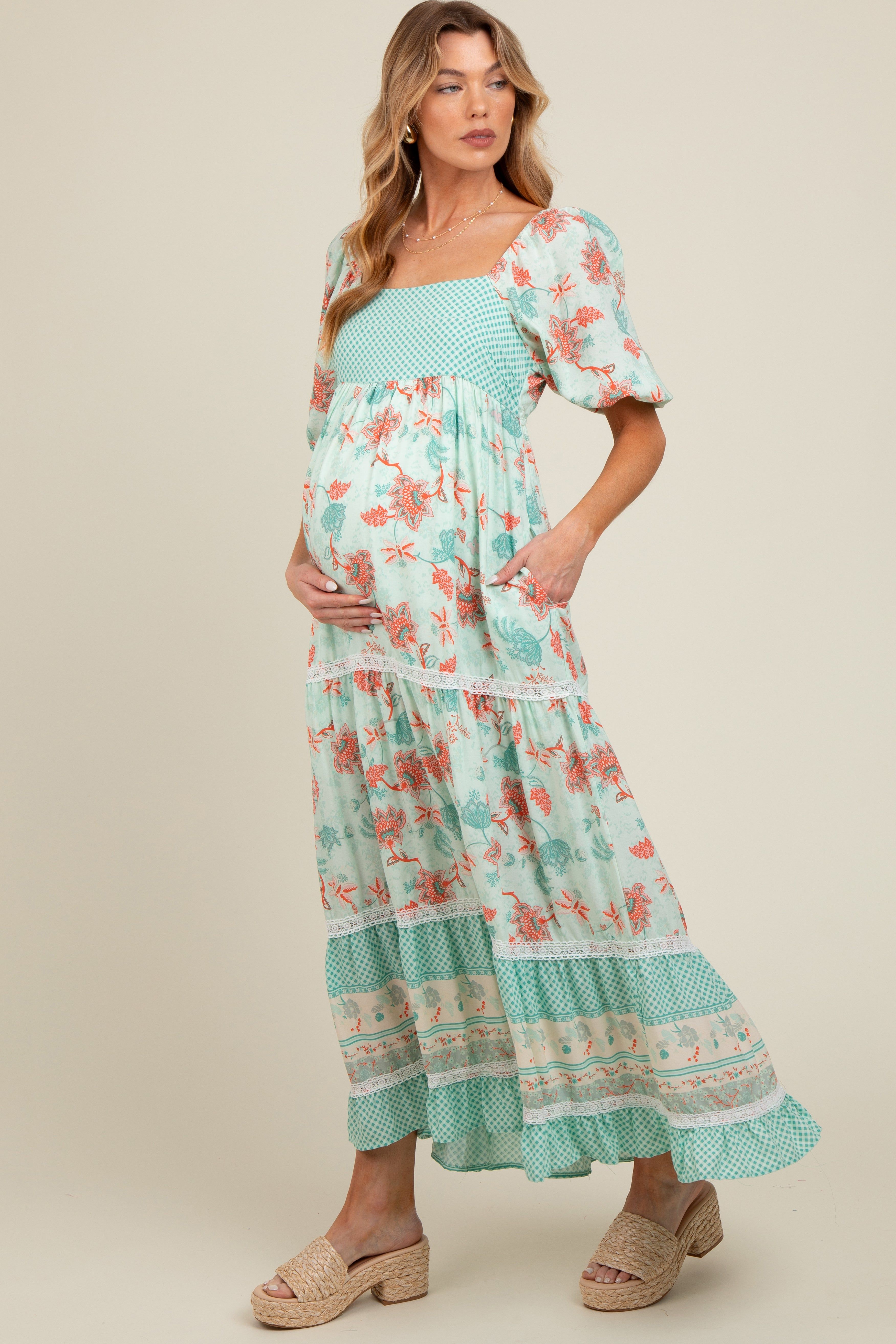 Mint Green Floral Gingham Lace Up Back Maternity Maxi Dress sold by Pinkblush product image thumbnail 5