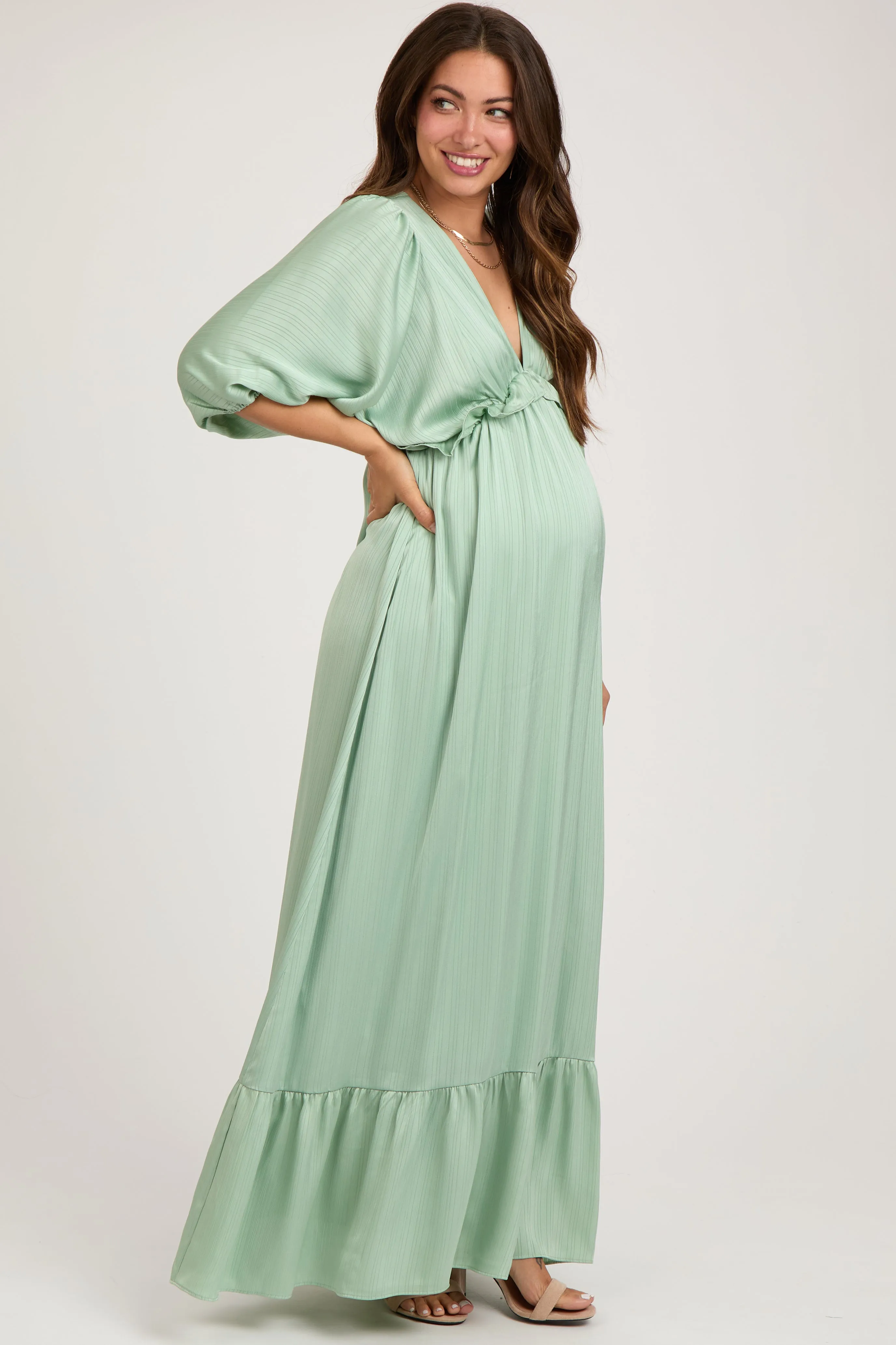 Mint Striped Ruffle Accent Maternity Maxi Dress sold by Pinkblush product image thumbnail 3