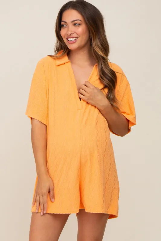 Orange Terry Cloth Collared Maternity Romper sold by Pinkblush