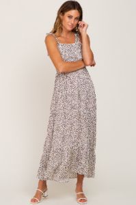 Cream Animal Print Smocked Midi Dress sold by Pinkblush