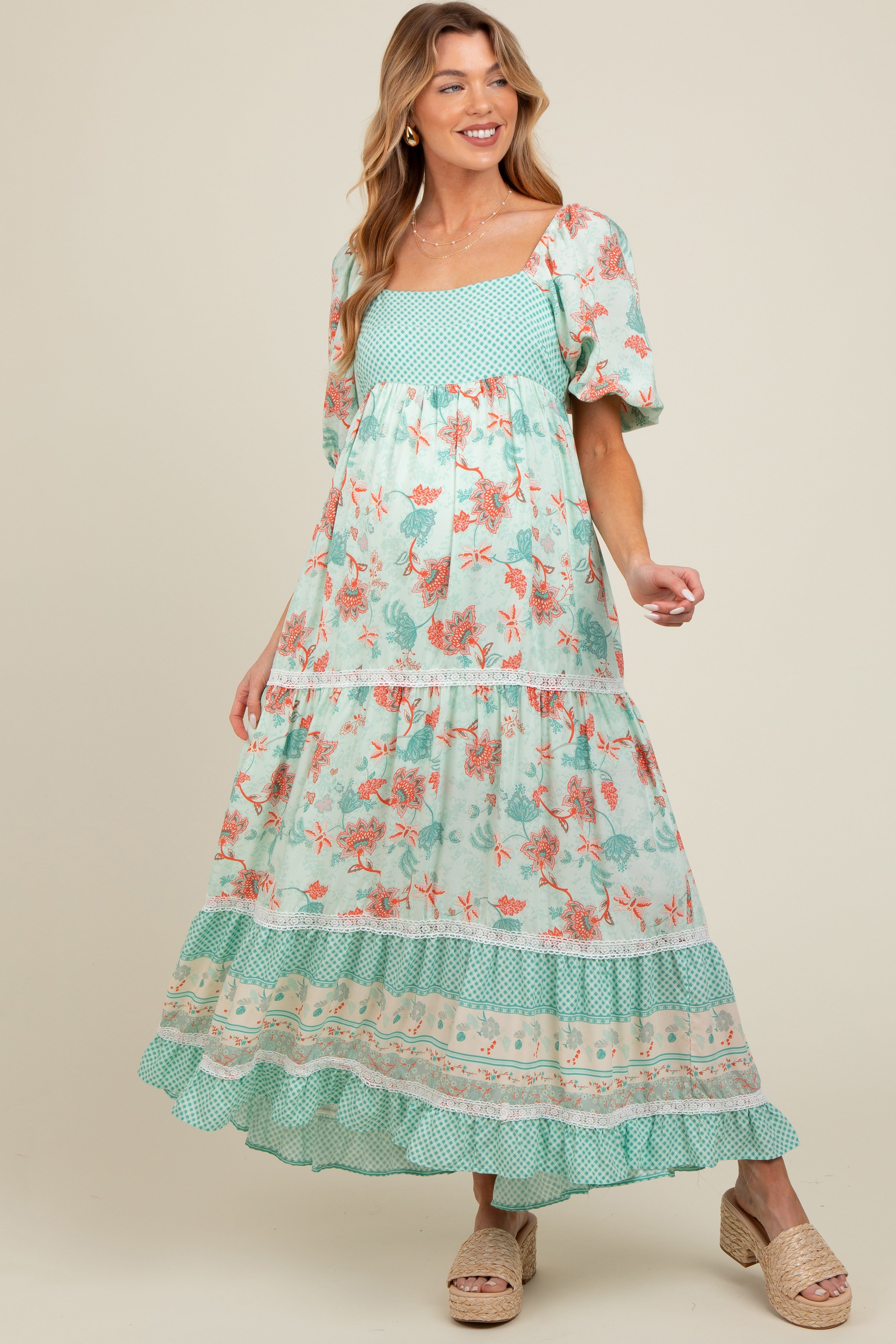 Mint Green Floral Gingham Lace Up Back Maternity Maxi Dress sold by Pinkblush product image thumbnail 3