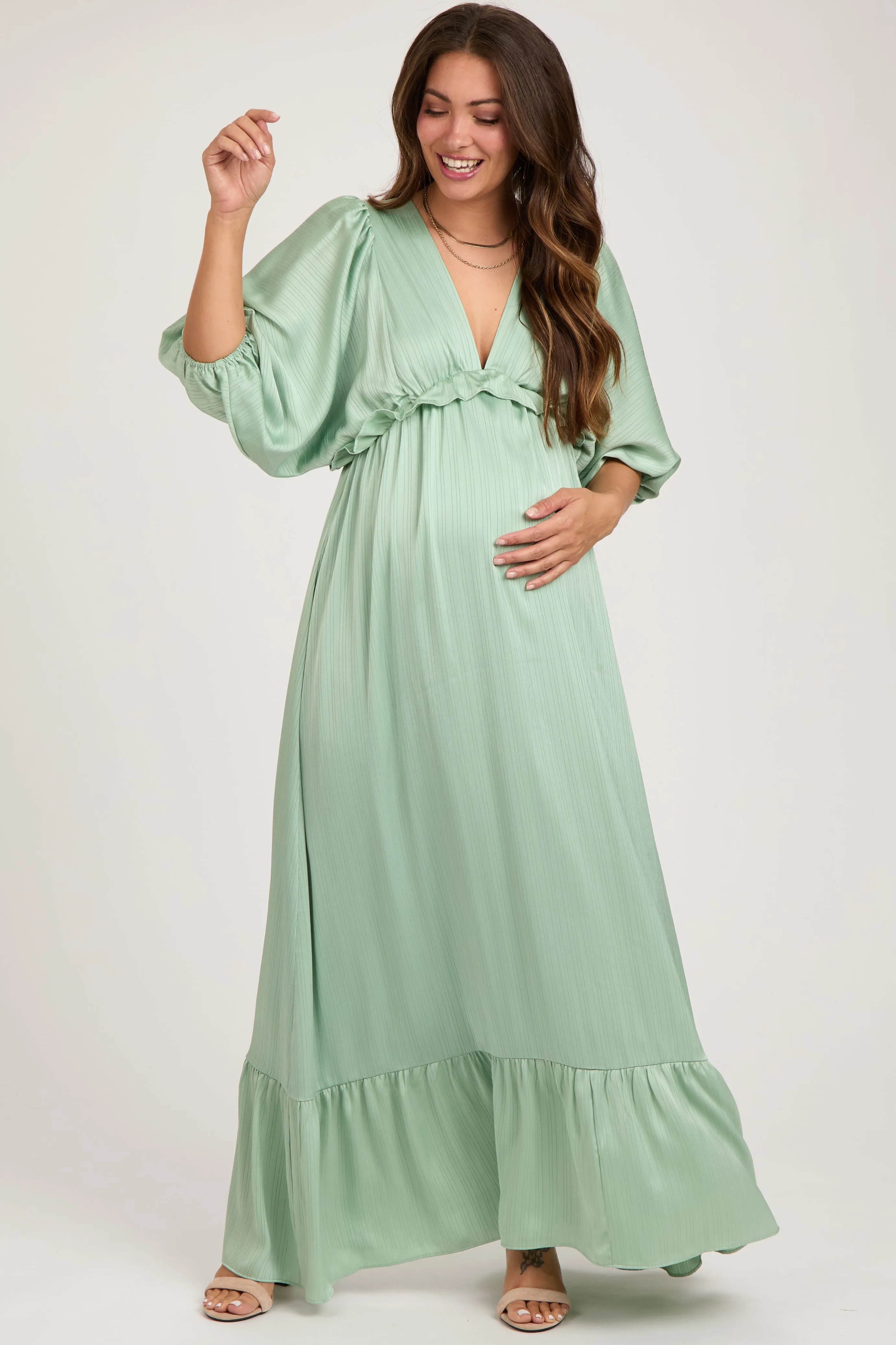 Mint Striped Ruffle Accent Maternity Maxi Dress sold by Pinkblush