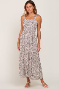 Cream Animal Print Smocked Midi Dress sold by Pinkblush