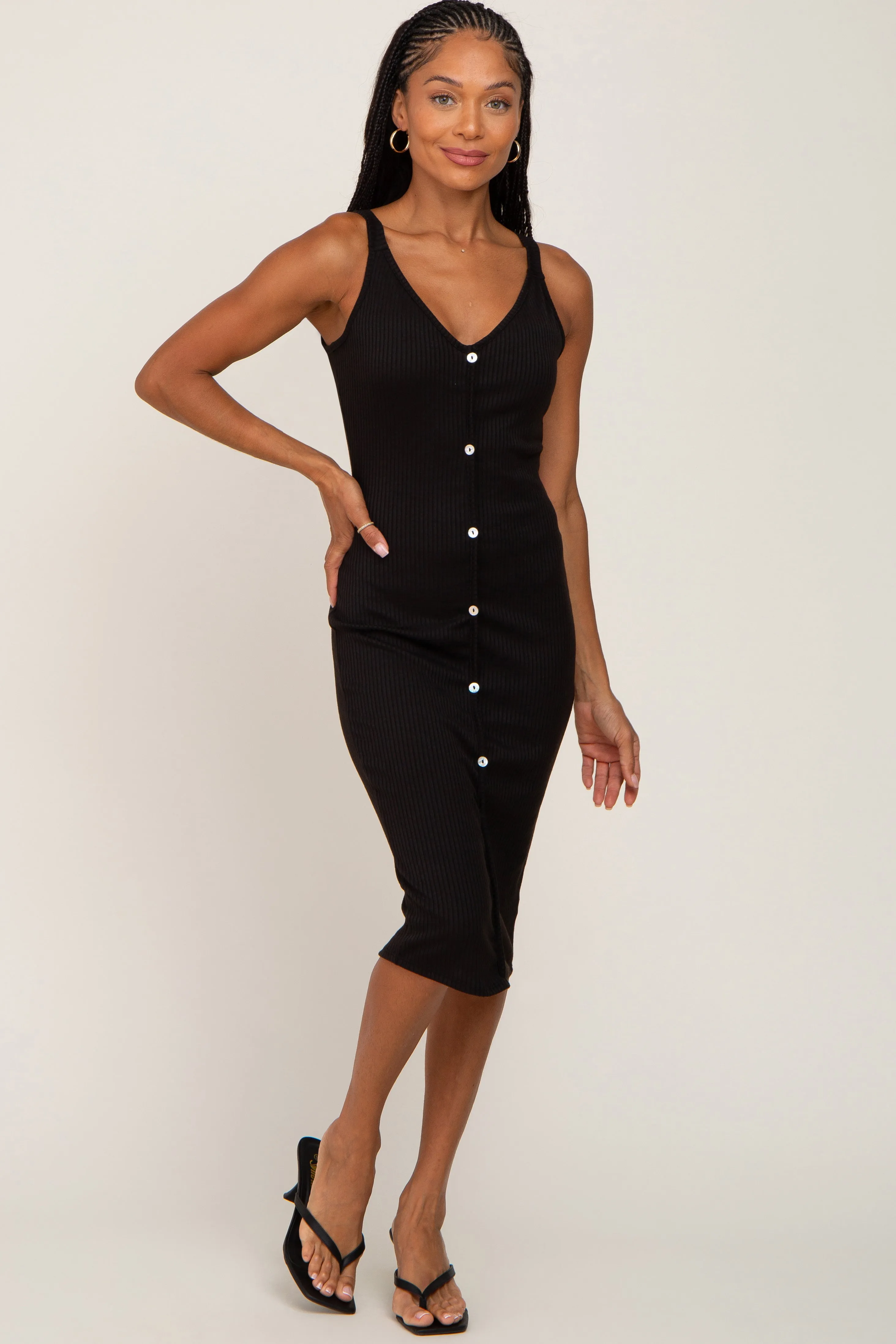 Black Ribbed Button Accent Maternity Midi Dress sold by Pinkblush product image thumbnail 5