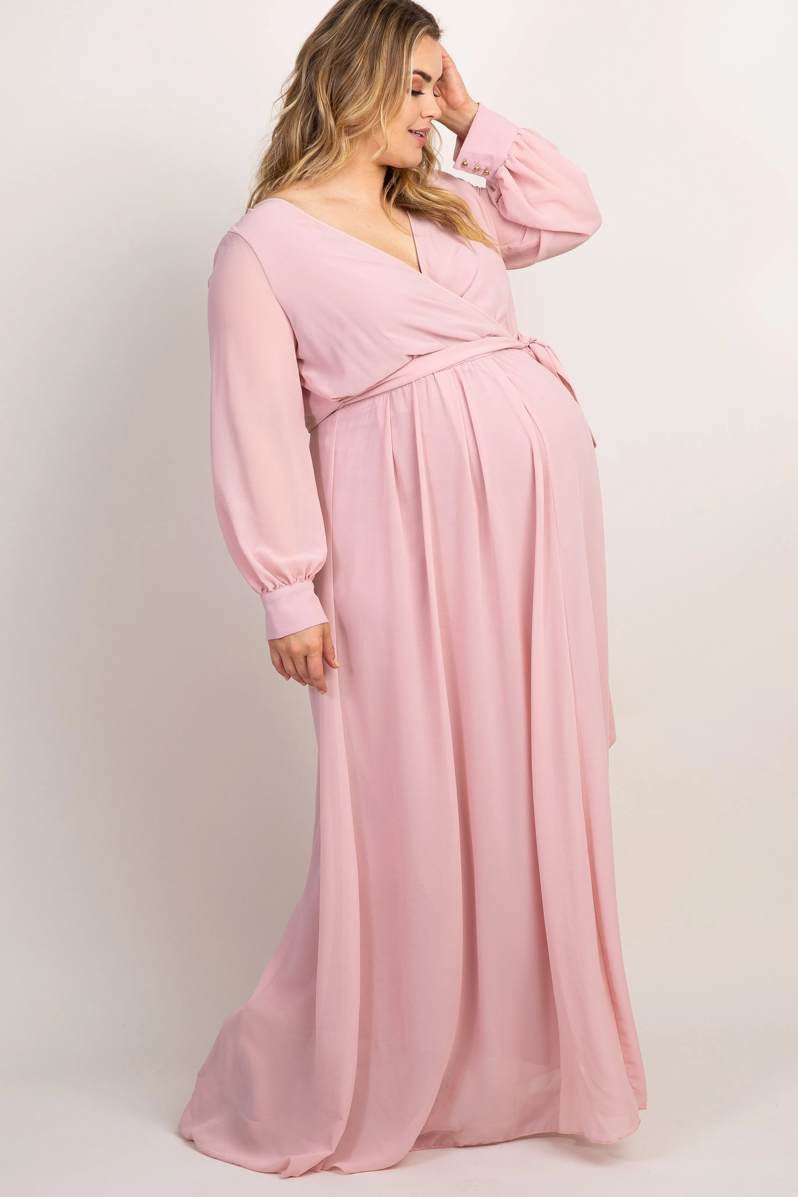 Light Pink Chiffon Long Sleeve Pleated Plus Maternity Maxi Dress sold by Pinkblush product image thumbnail 2