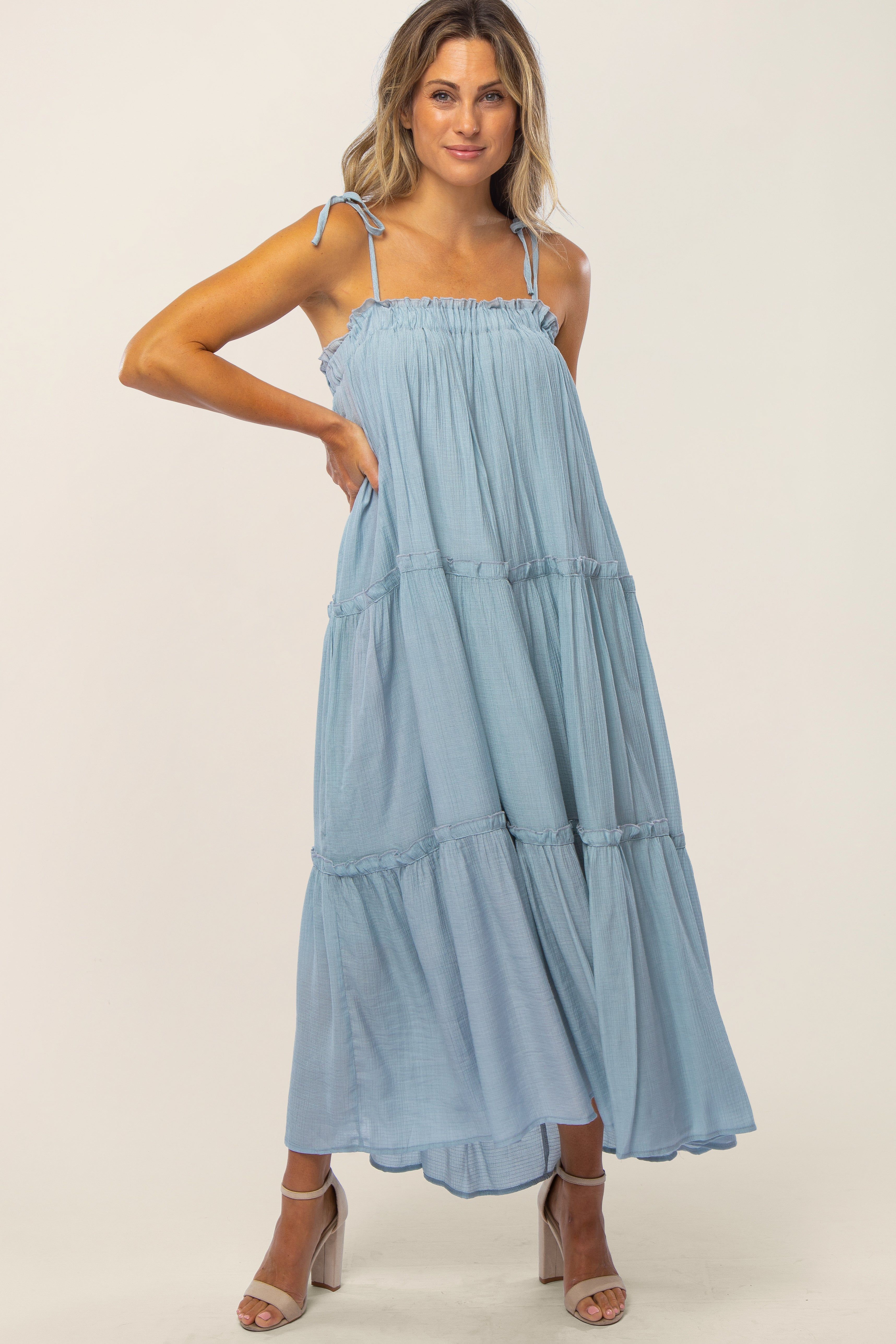 Light Blue Tie Strap Ruffle Maxi Dress sold by Pinkblush