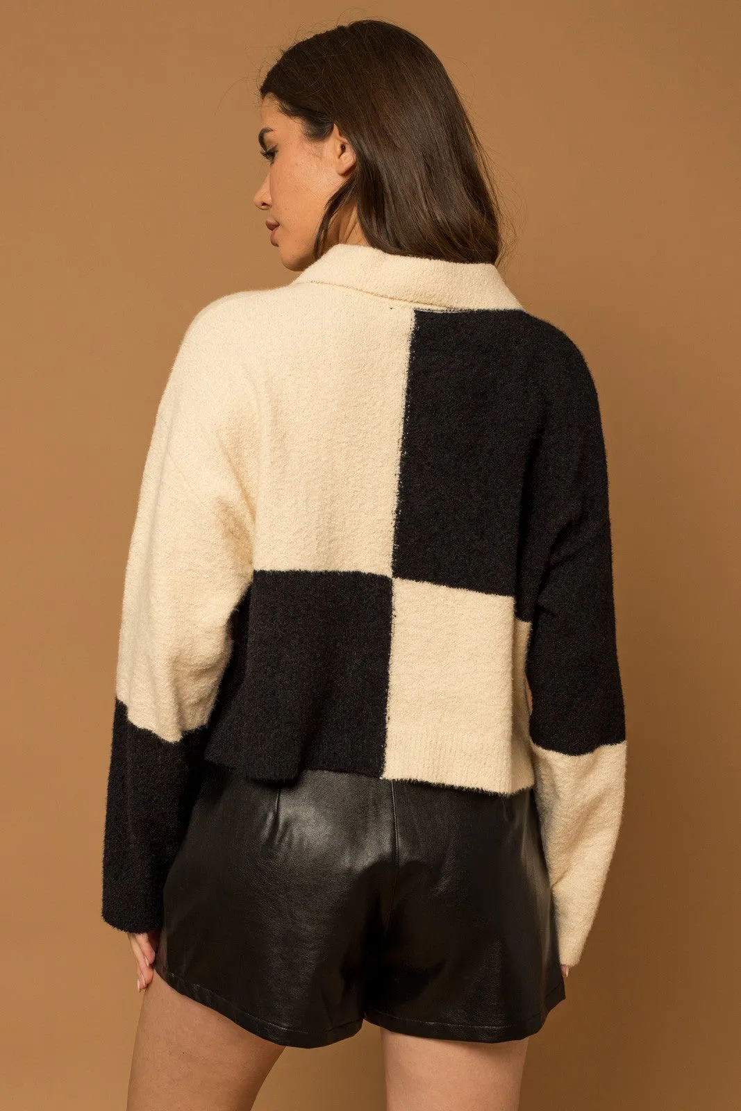Cream-Black Check Color Block Zip-Up Knit Jacket sold by Pinkblush product image thumbnail 4