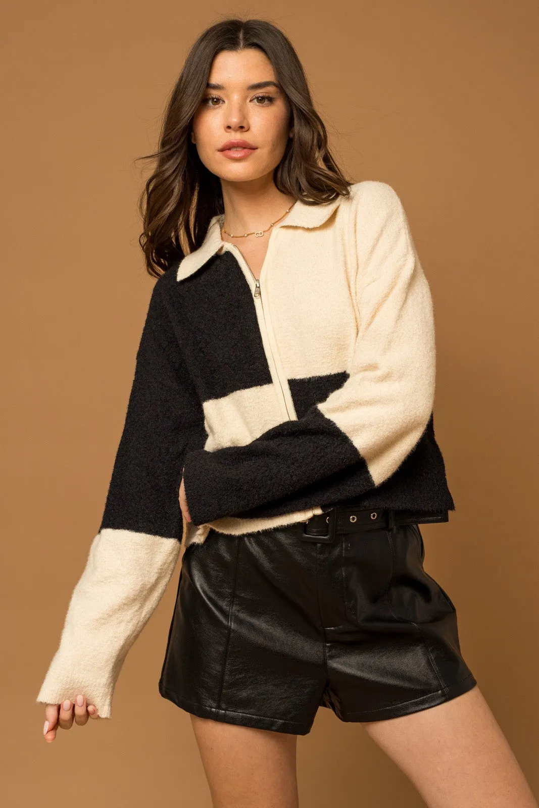 Cream-Black Check Color Block Zip-Up Knit Jacket sold by Pinkblush