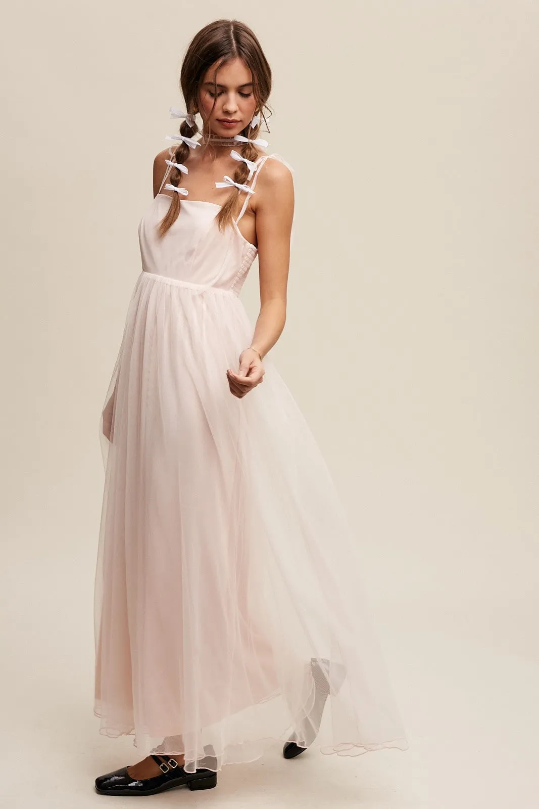 Light Pink Square Neck Shoulder Tie Tulle Maxi Dress sold by Pinkblush product image thumbnail 2