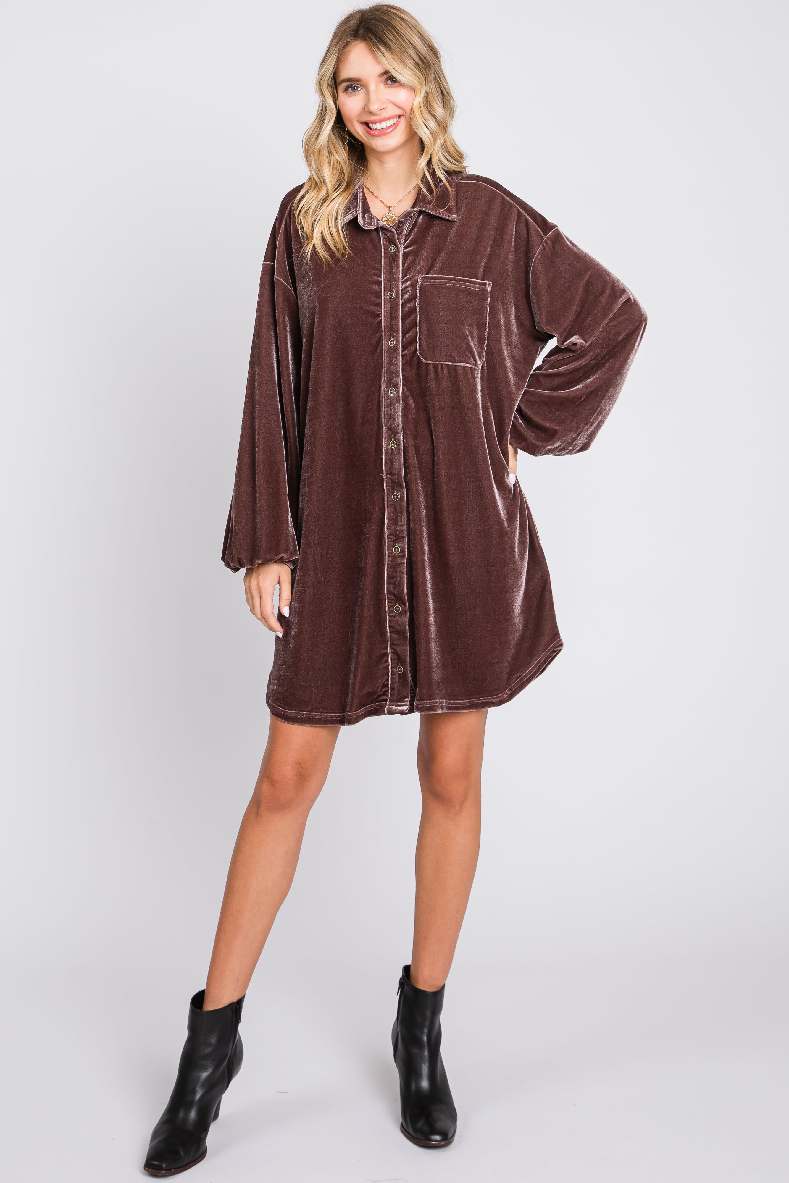 Mocha Velour Button Up Long Sleeve Maternity Dress sold by Pinkblush product image thumbnail 5