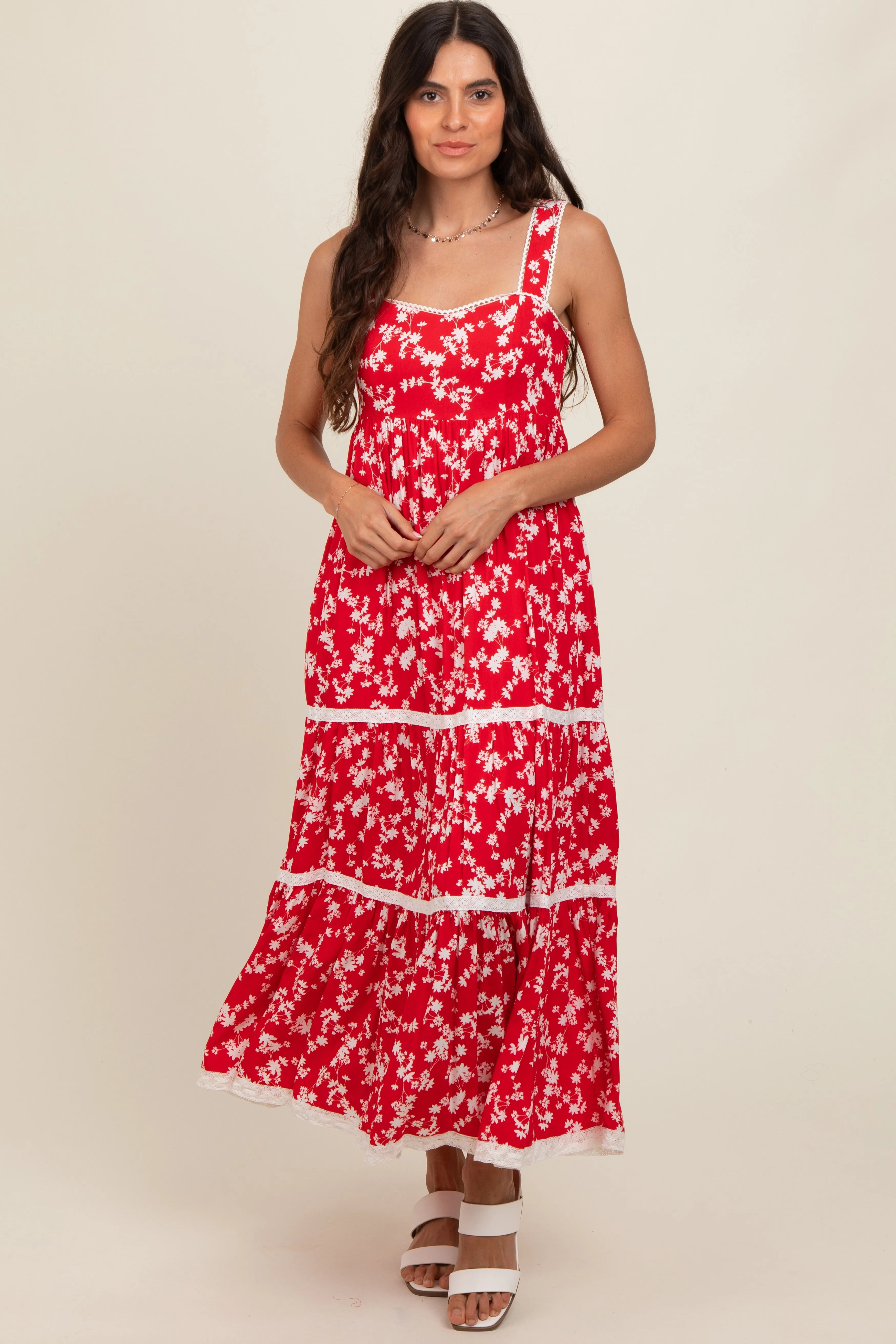 Red Floral Lace Trim Tiered Maxi Dress sold by Pinkblush