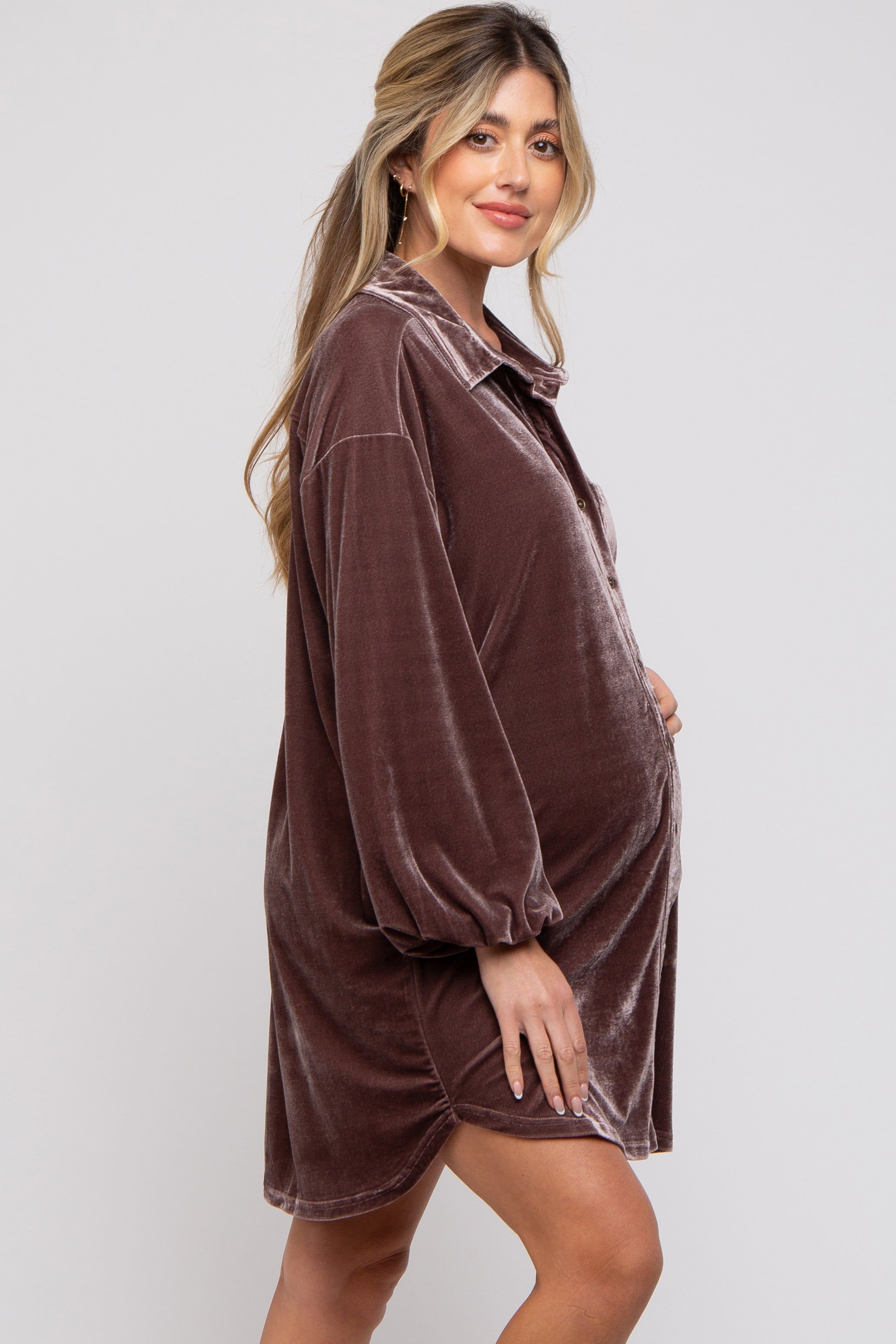 Mocha Velour Button Up Long Sleeve Maternity Dress sold by Pinkblush product image thumbnail 2