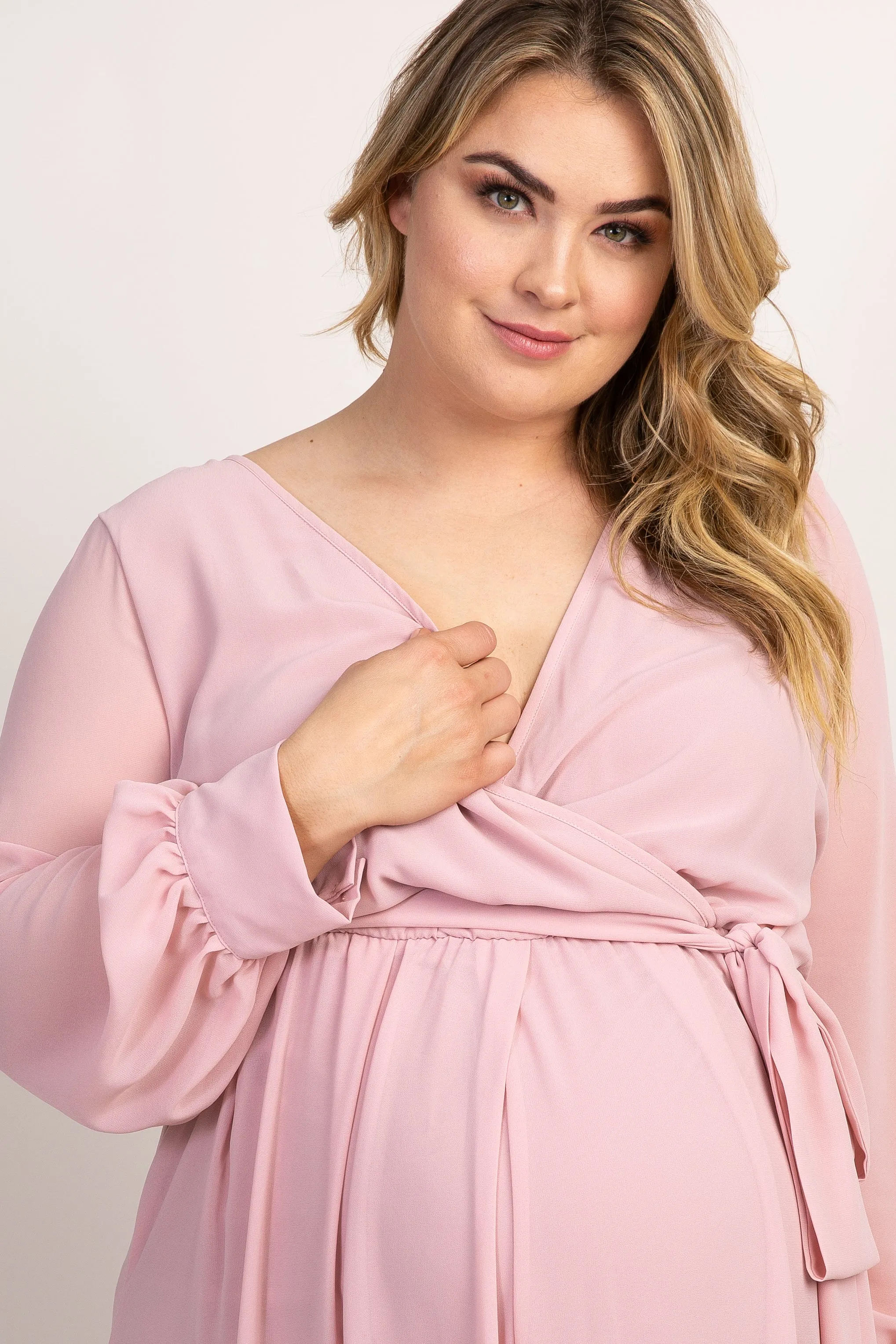 Light Pink Chiffon Long Sleeve Pleated Plus Maternity Maxi Dress sold by Pinkblush product image thumbnail 5