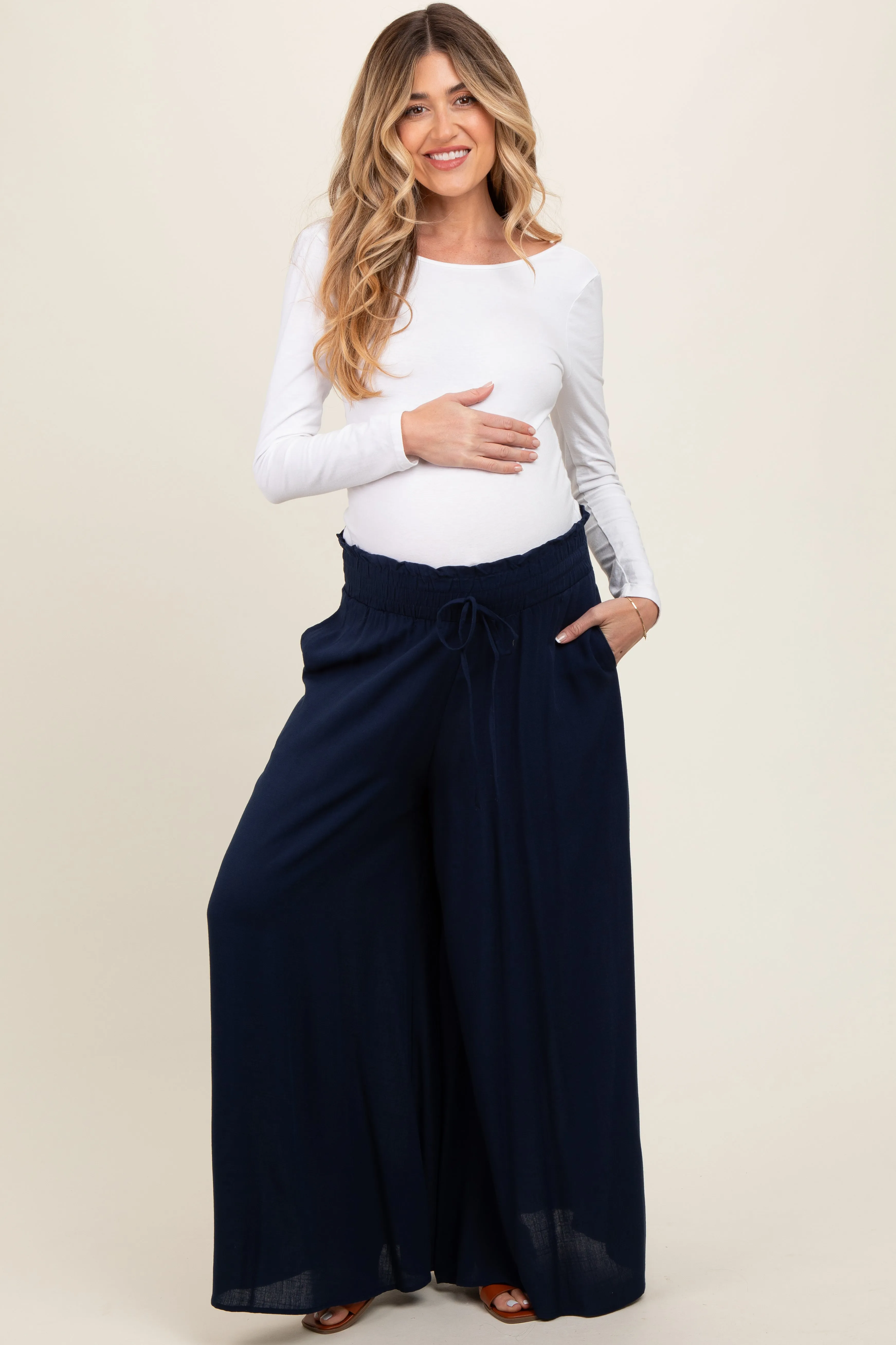 Navy Blue Wide Leg Smocked Lightweight Maternity Pants sold by Pinkblush