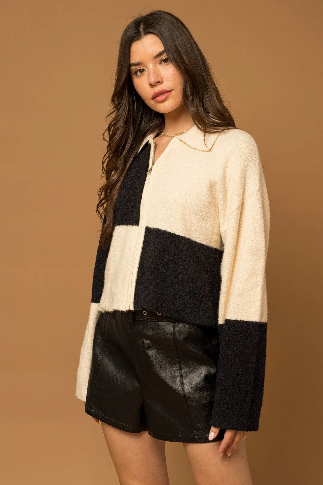 Cream-Black Check Color Block Zip-Up Knit Jacket sold by Pinkblush product image thumbnail 2