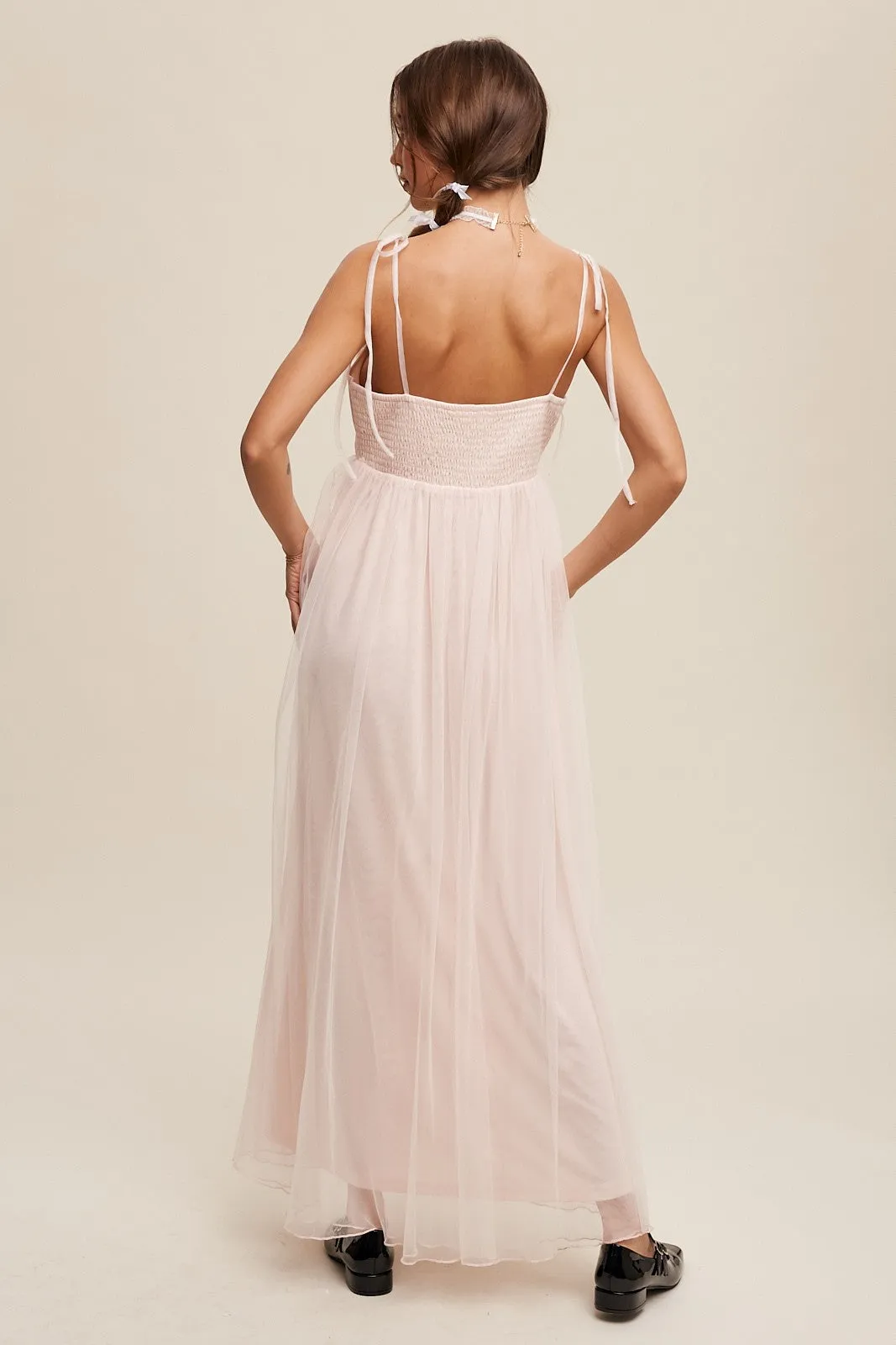Light Pink Square Neck Shoulder Tie Tulle Maxi Dress sold by Pinkblush product image thumbnail 3