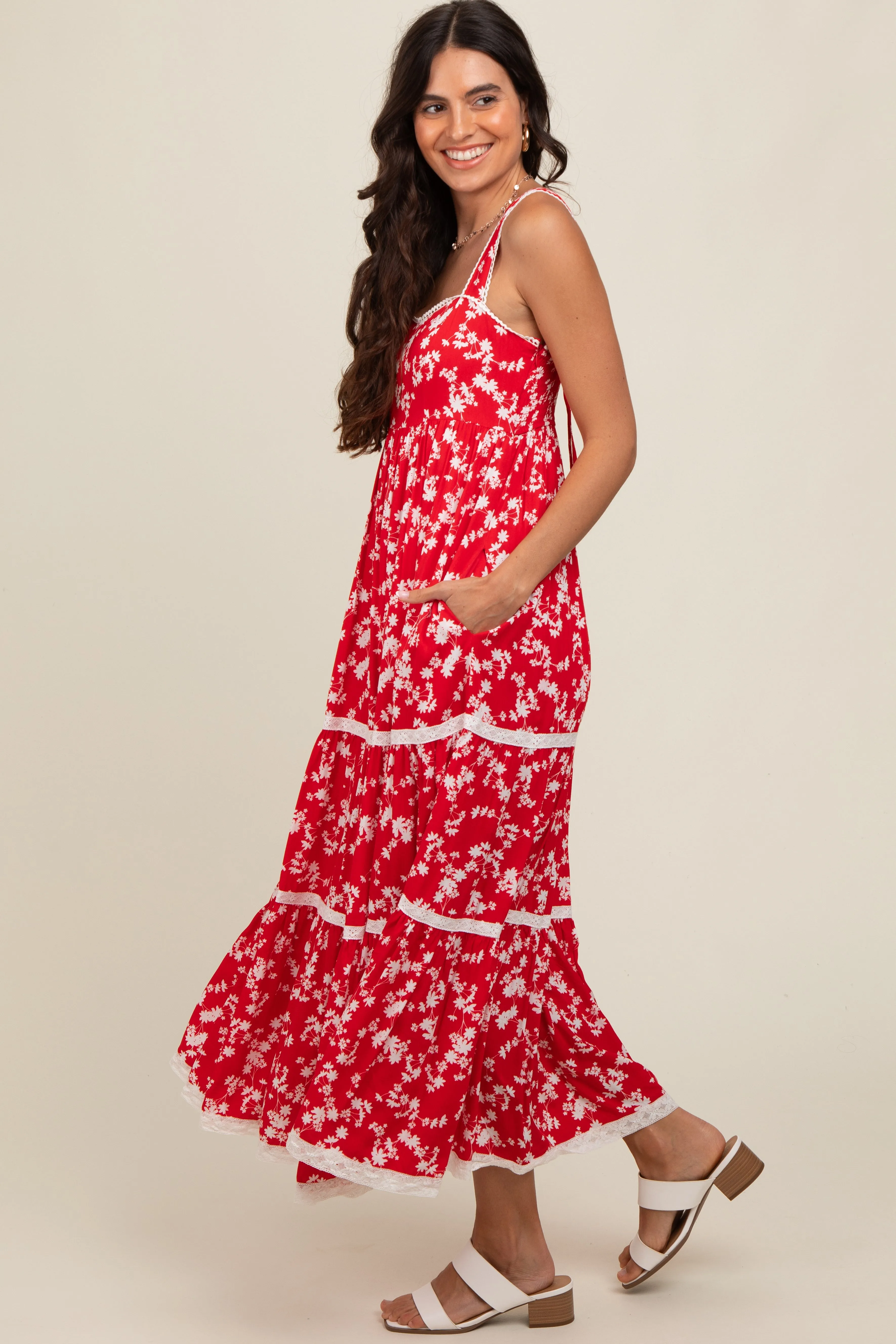Red Floral Lace Trim Tiered Maxi Dress sold by Pinkblush product image thumbnail 2