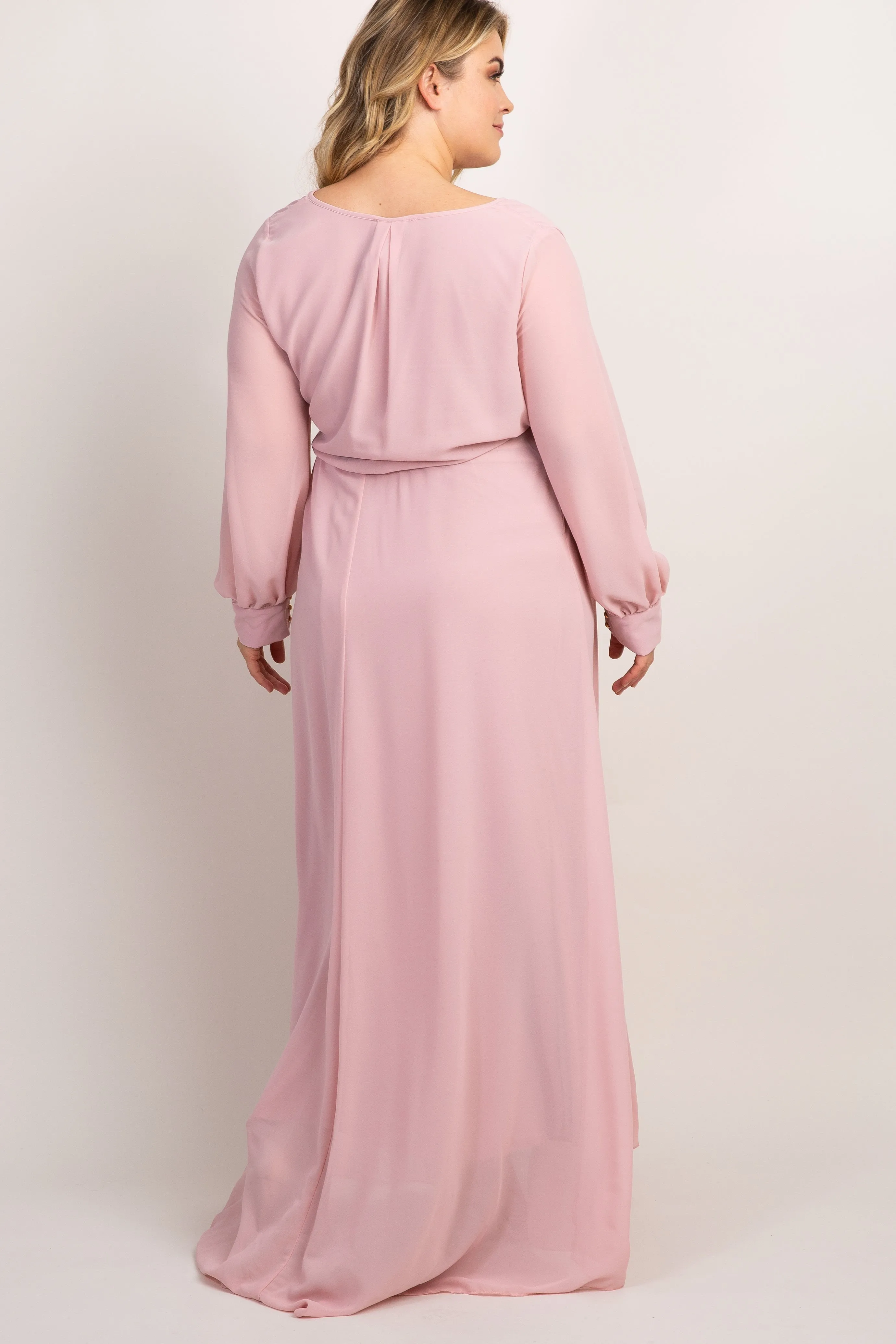 Light Pink Chiffon Long Sleeve Pleated Plus Maternity Maxi Dress sold by Pinkblush product image thumbnail 3