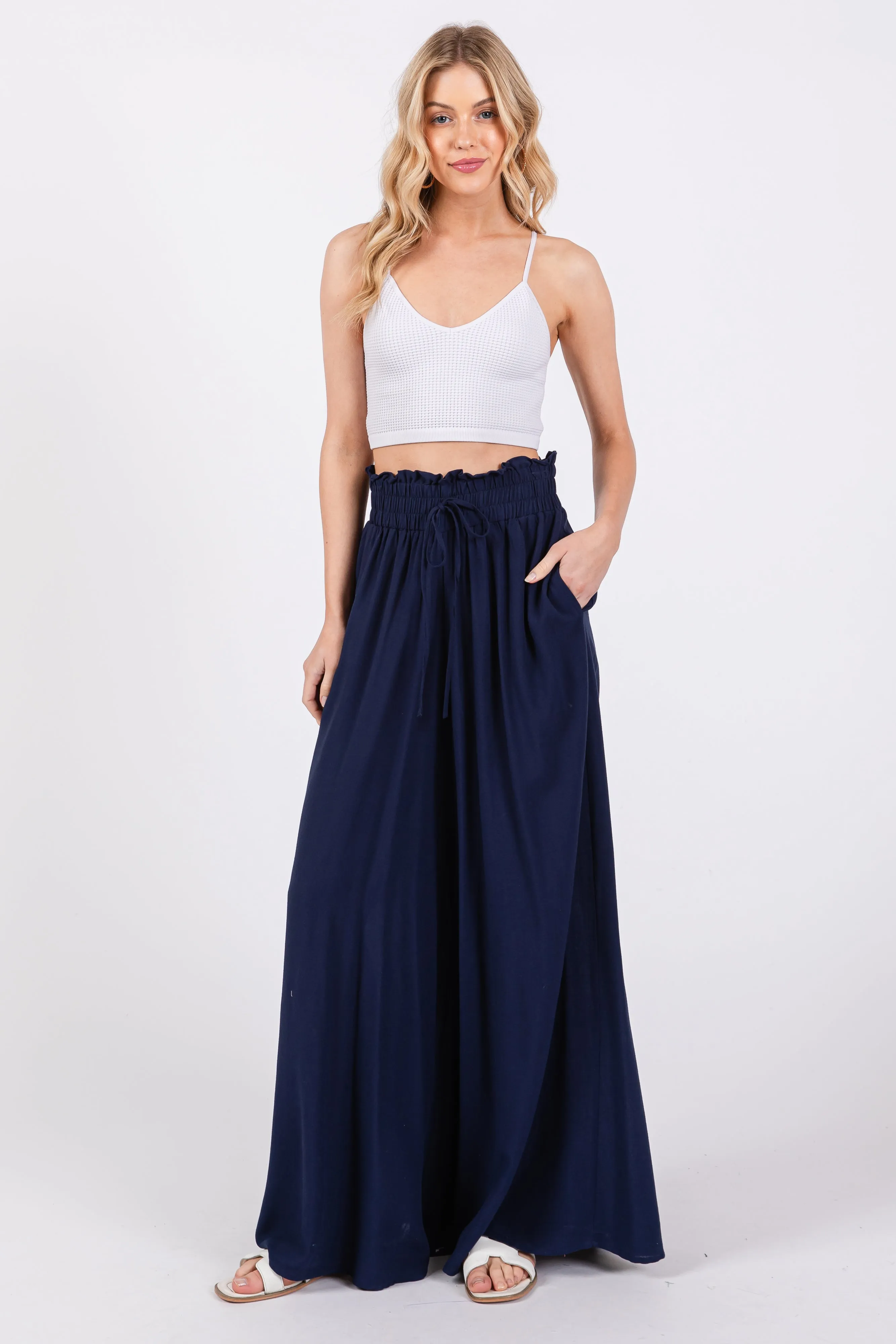Navy Blue Wide Leg Smocked Lightweight Maternity Pants sold by Pinkblush product image thumbnail 5